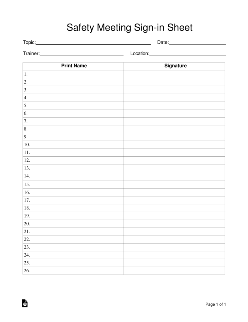 Free Safety Meeting Sign-In Sheet Template - Pdf | Word – Eforms within Free Printable Safety Meeting Sheets