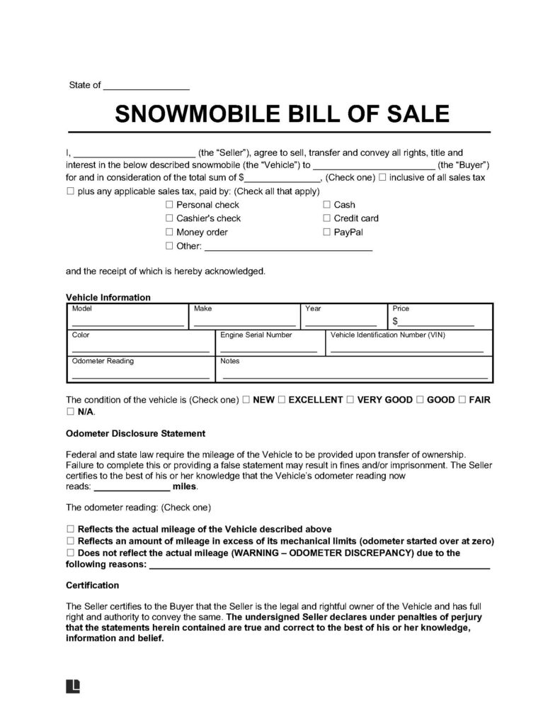 Free Snowmobile Bill Of Sale Template | Pdf &amp;amp; Word Download pertaining to Free Snowmobile Templates