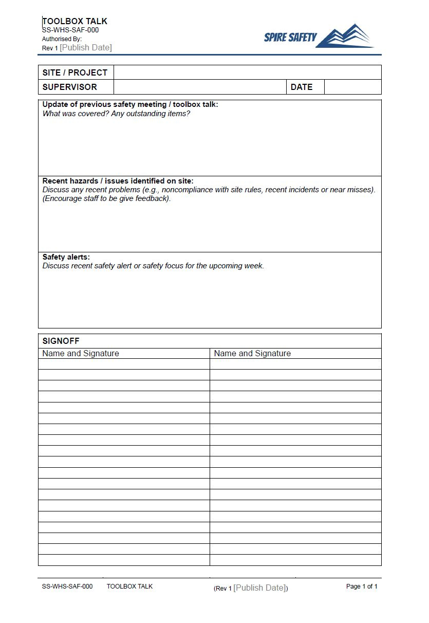 Free Toolbox Talk Template - Spire Safety Consultants with regard to Free Printable Safety Meeting Sheets