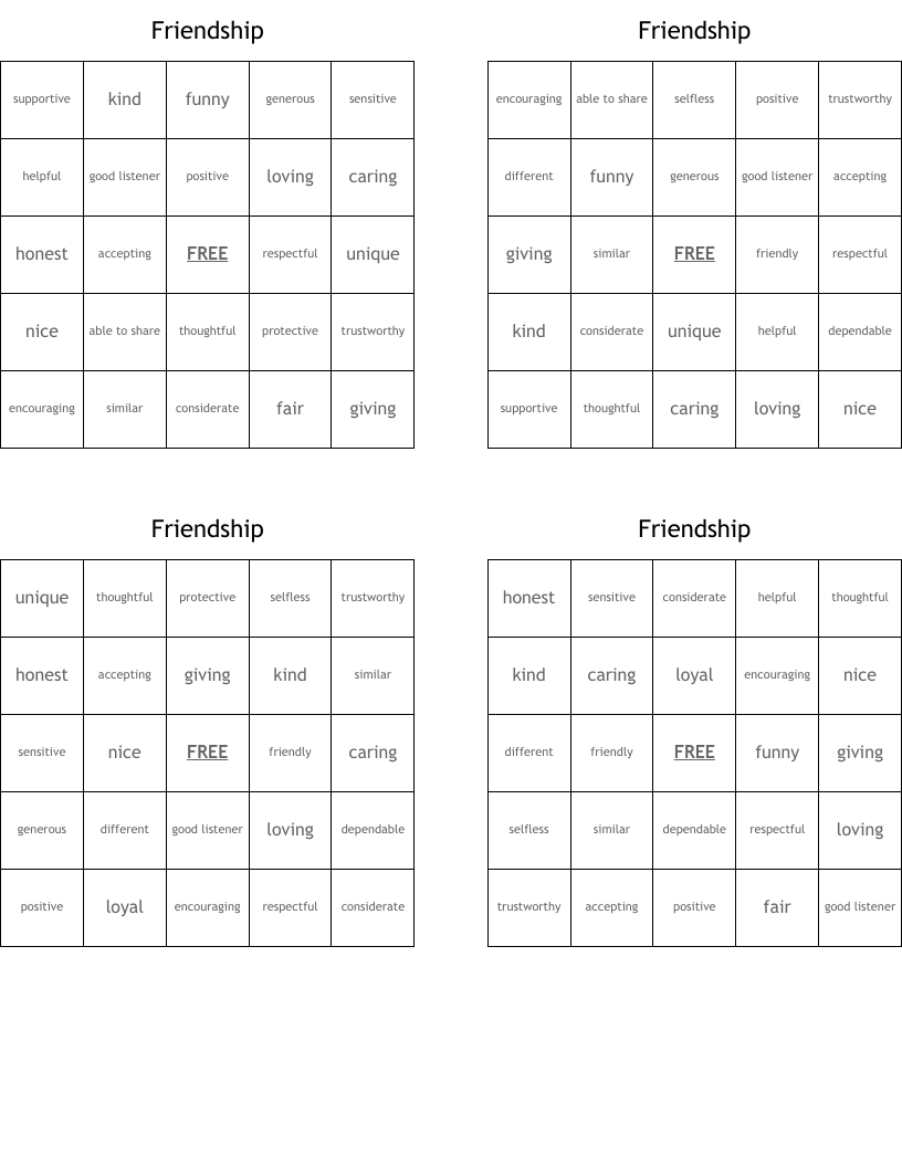 Friendship Bingo Cards - Wordmint for Free Friendship Bingo Game Printables