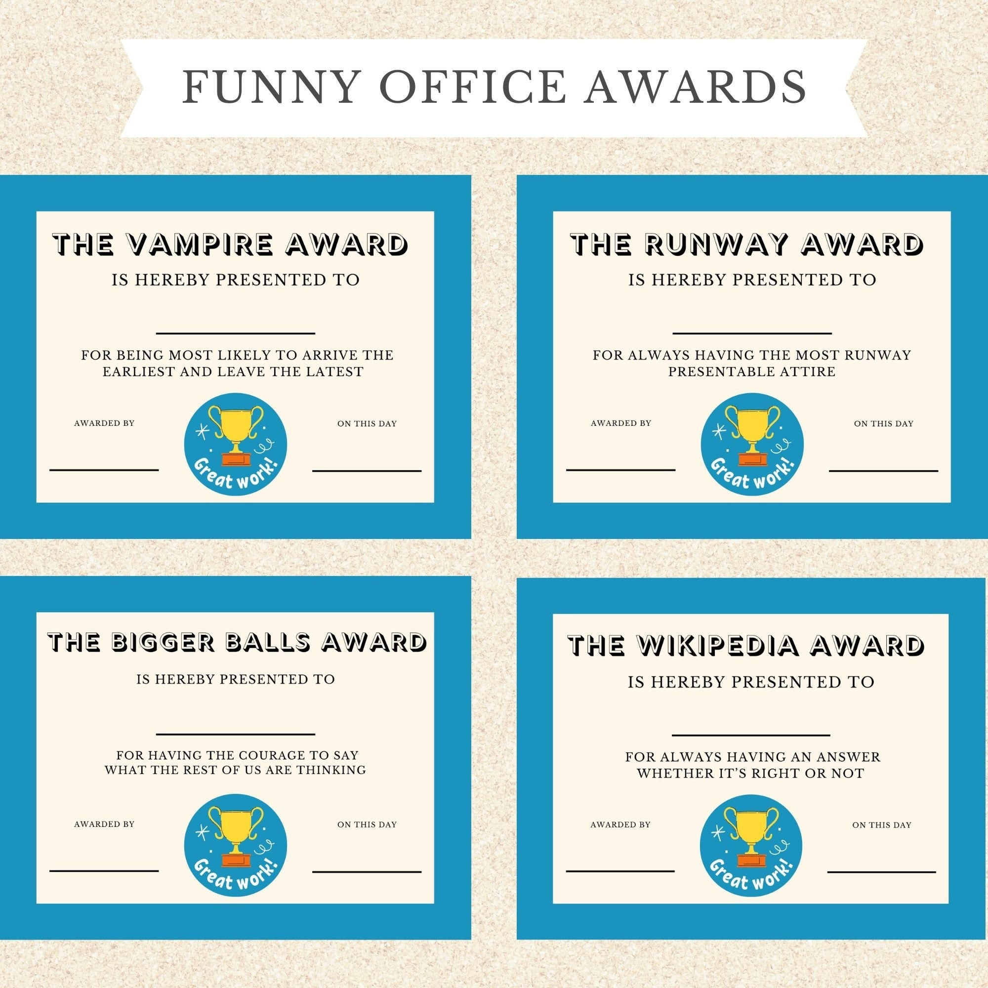 Funny Office Coworker Awards, Funny Employee Award Printable intended for Funny Awards For Employees Free Printables