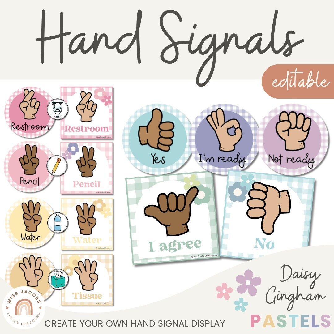 Hand Signals | Daisy Gingham Pastels Classroom Decor | Editable - Etsy with regard to Free Printable Church Usher Hand Signals