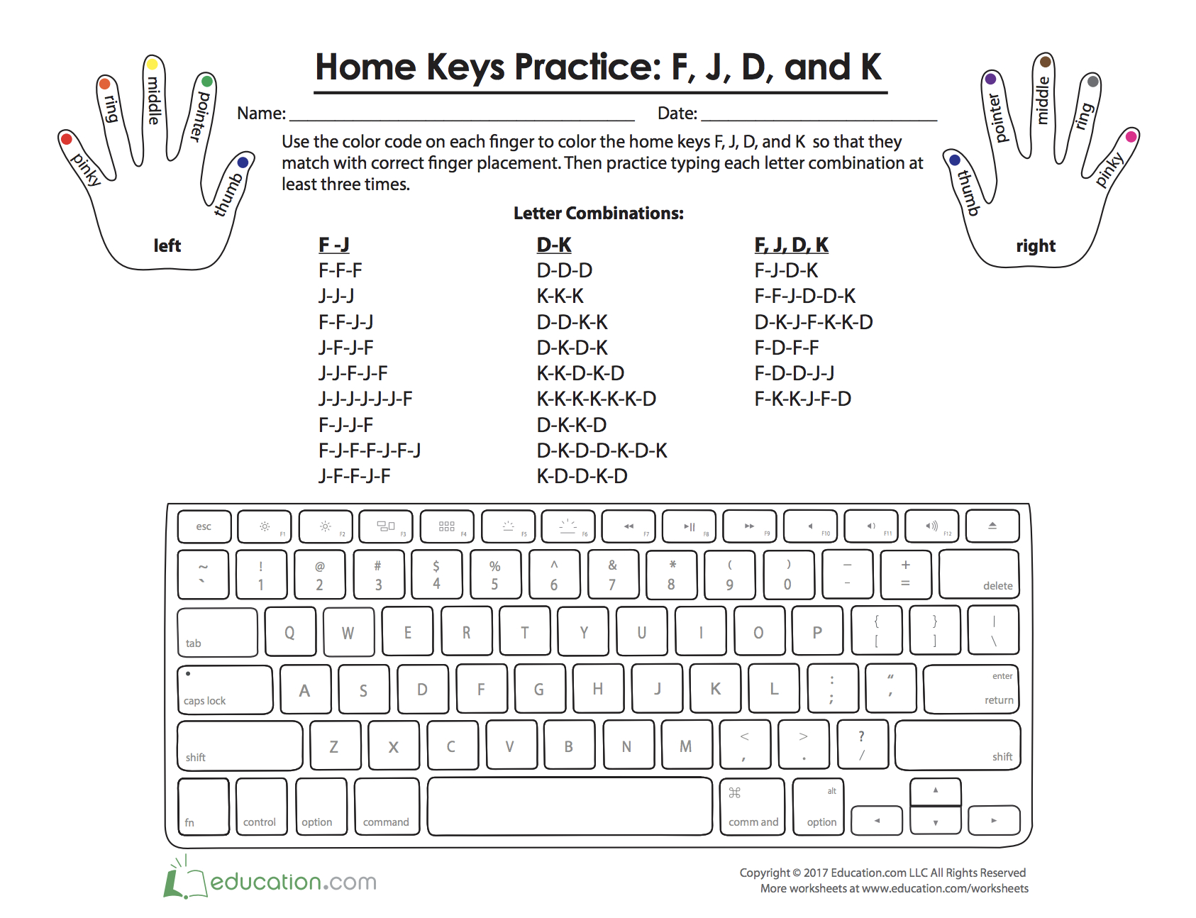 Home Keys Practice: F, J, D, And K | Worksheet | Education for Free Printable Typing Worksheets