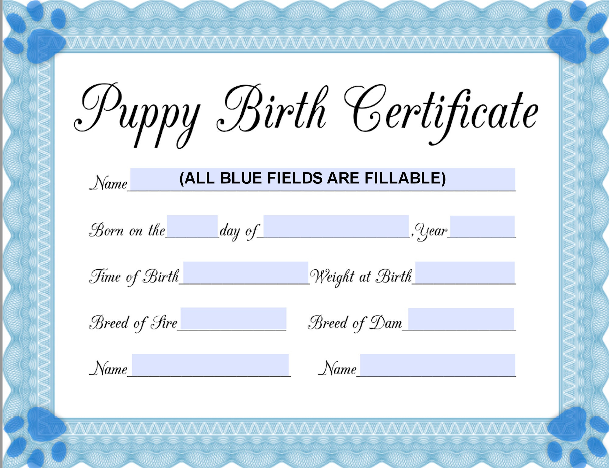 Instant Fillable Printable Pdf Puppy Birth Certificate (Blue-Male within Printable Free Puppy Birth Certificate Template