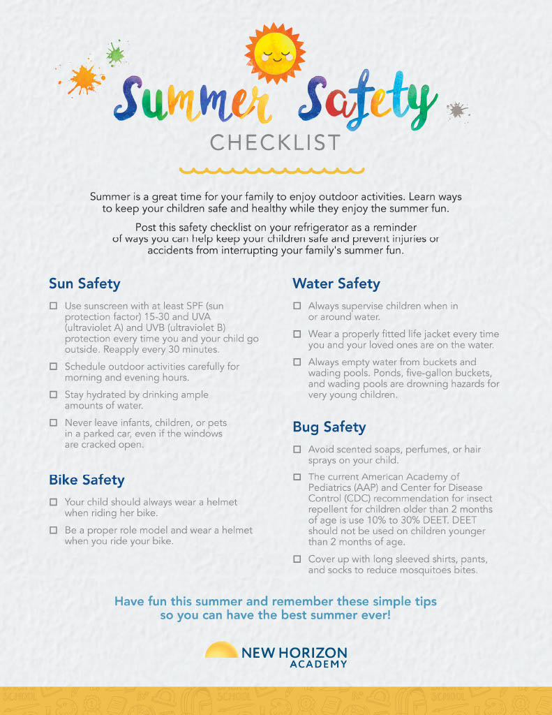 Kids Summer Safety Checklist - New Horizon Academy throughout Free Printable Summer Safety Worksheets