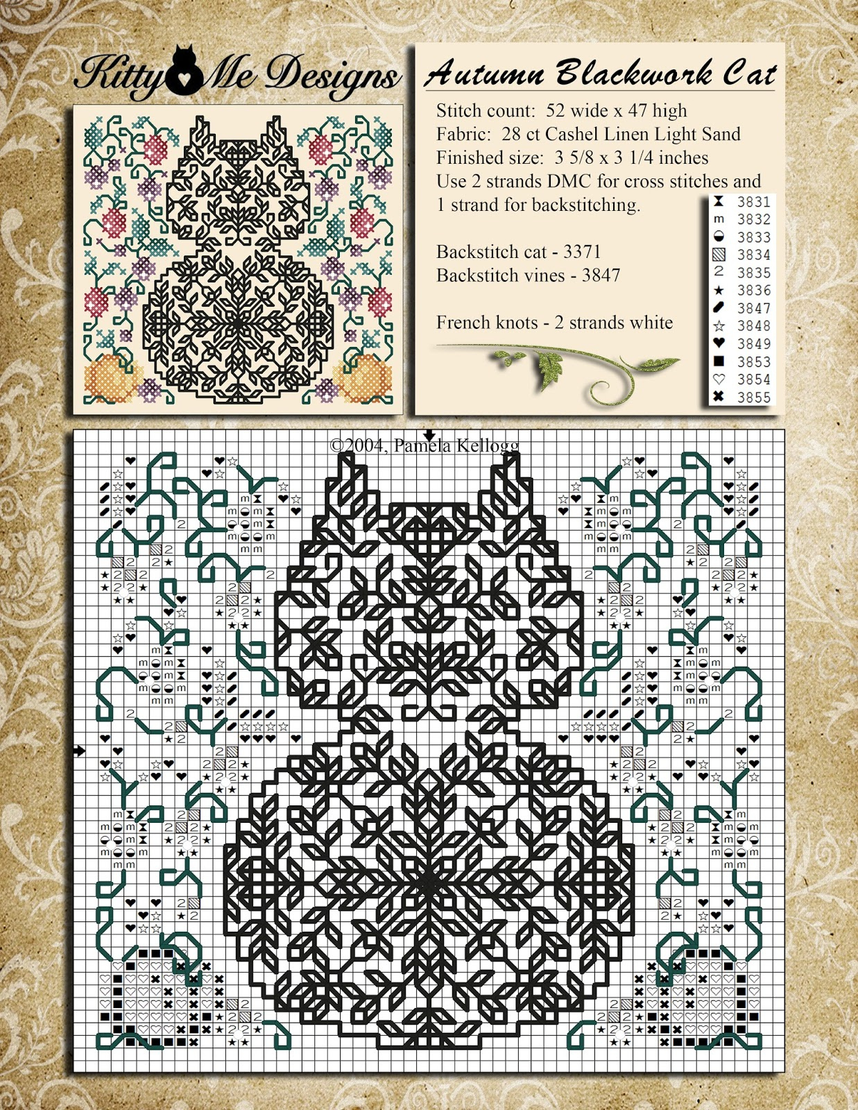 Kitty And Me Designs: Autumn Blackwork Cat - Free Cross Stitch Pattern with Free Printable Needlepoint Patterns