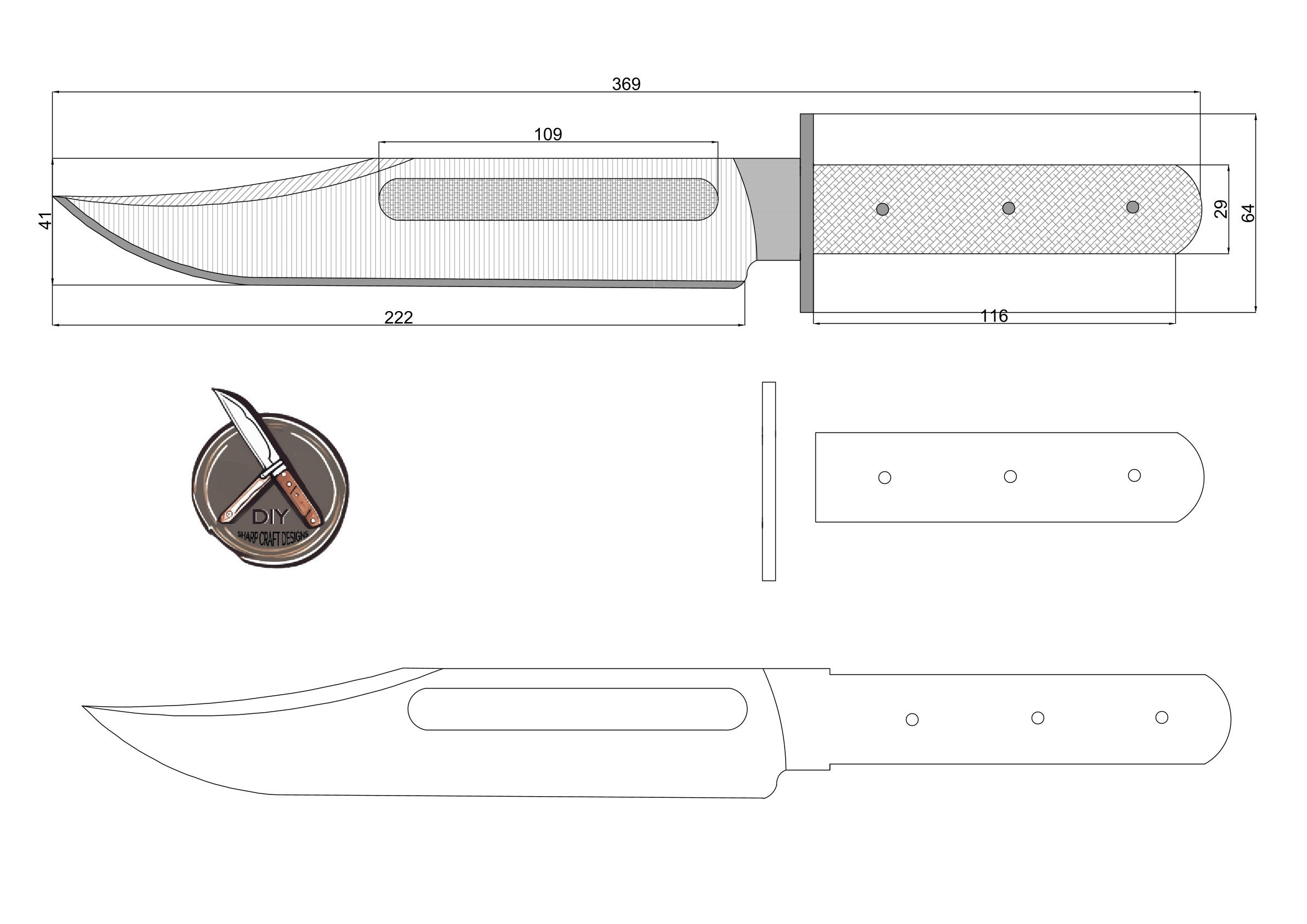 Large Bowie Knife Design Blueprint | High-Quality Pdf, Dwg, And for Printable Bowie Knife Patterns