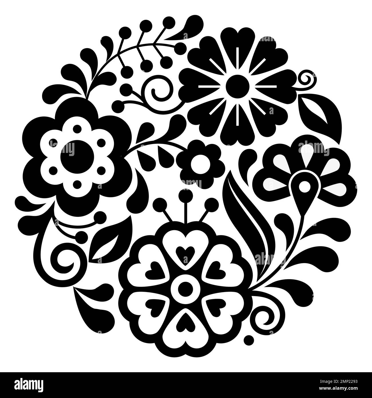 Mexican Folk Art Style Vector Round Floral Pattern In Frame with Printable Traditional Mexican Embroidery Patterns