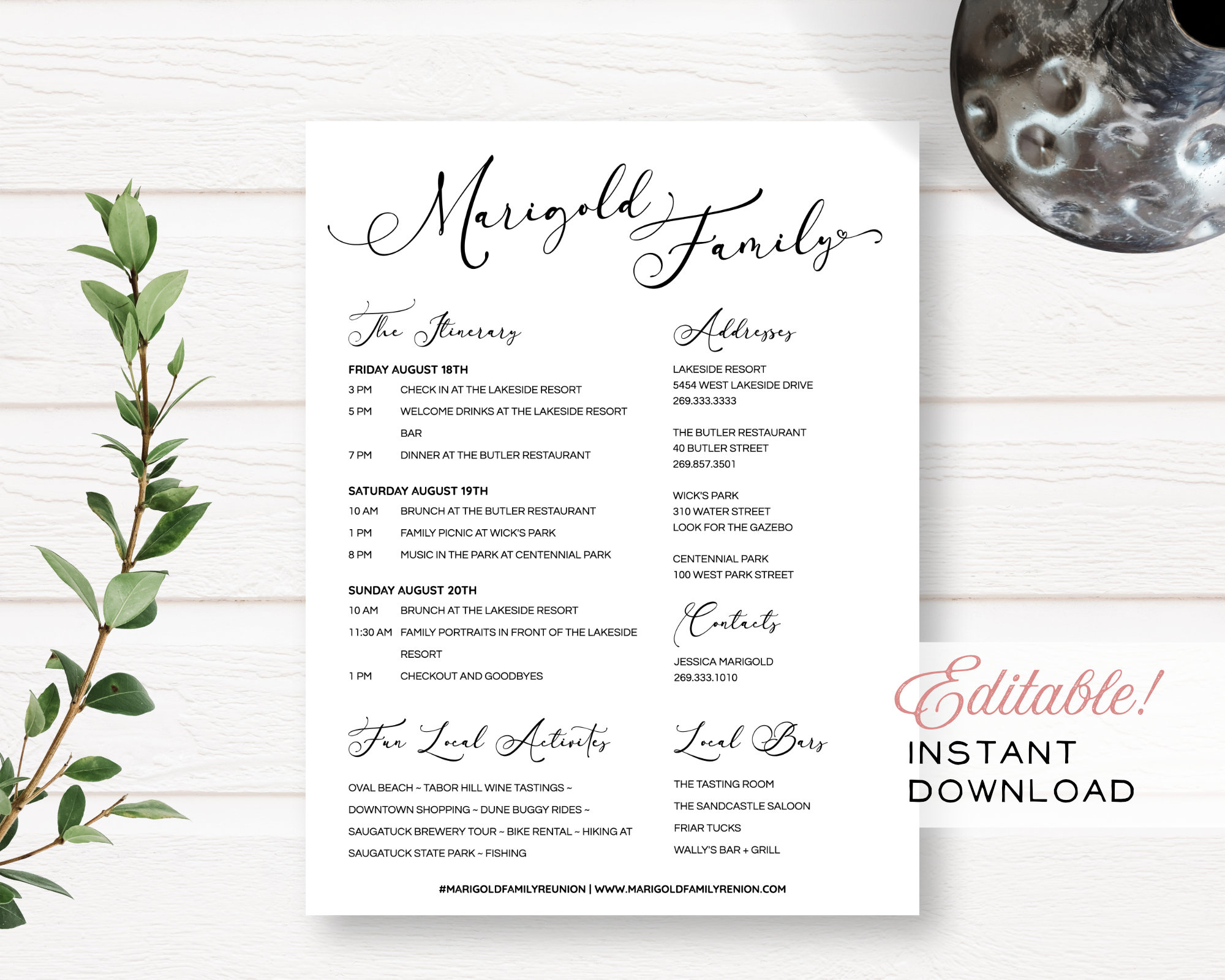 Minimalist Family Reunion Editable Customizable Event Itinerary + Details within Family Reunion Itinerary Template Free