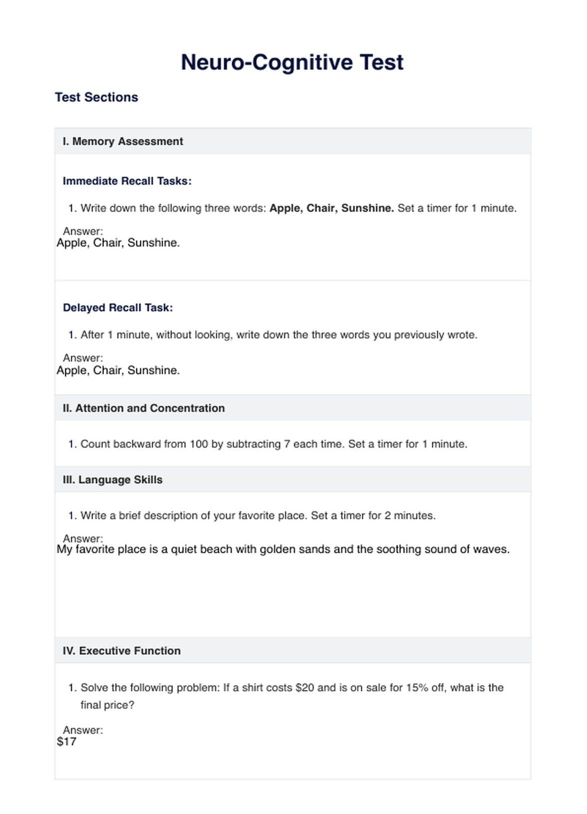 Neuro Cognitive Test &amp;amp; Example | Free Pdf Download in Free Printable Cognitive Tests