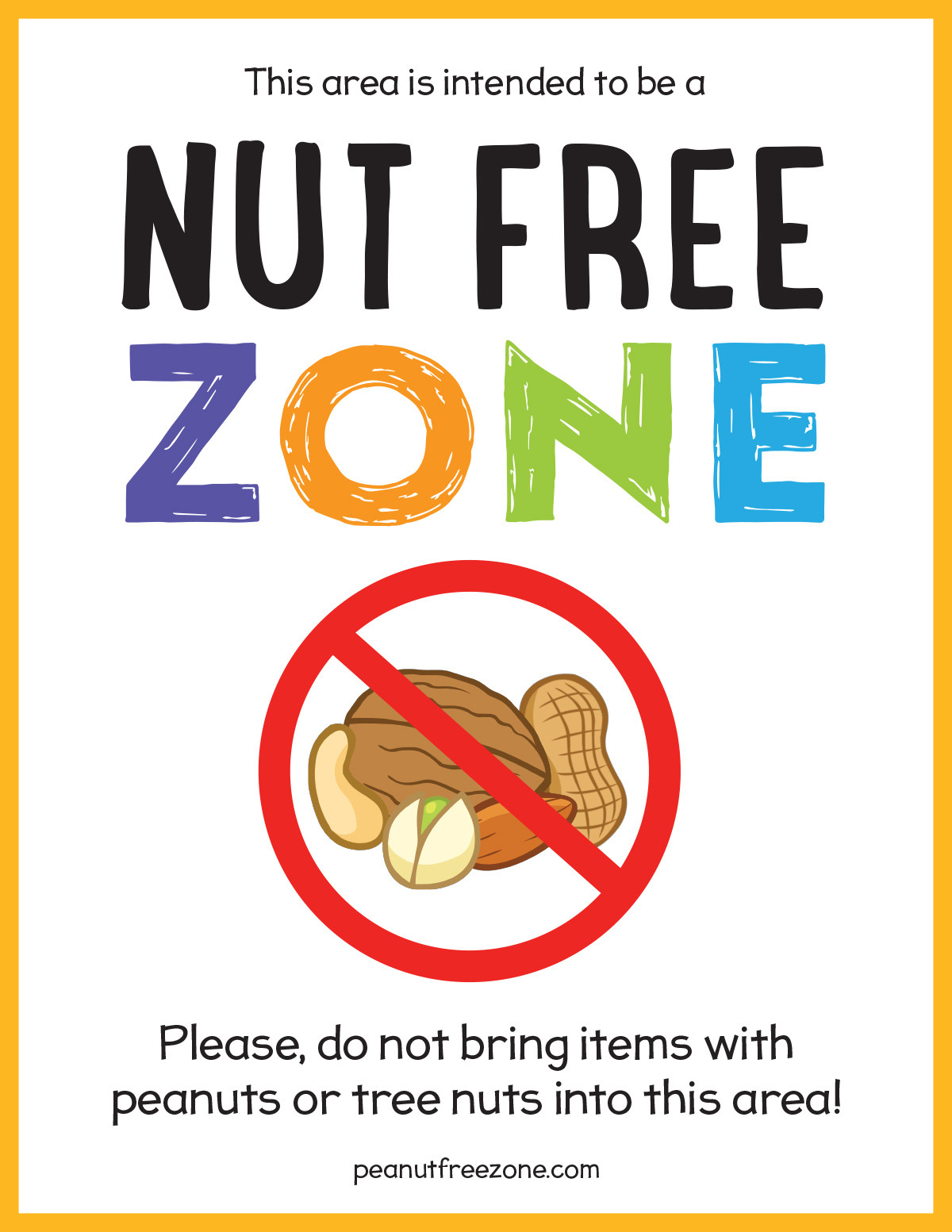 Nut Free Zone Poster, 8-1/2&amp;quot; X 11&amp;quot; in Printable Nut Free Zone Sign