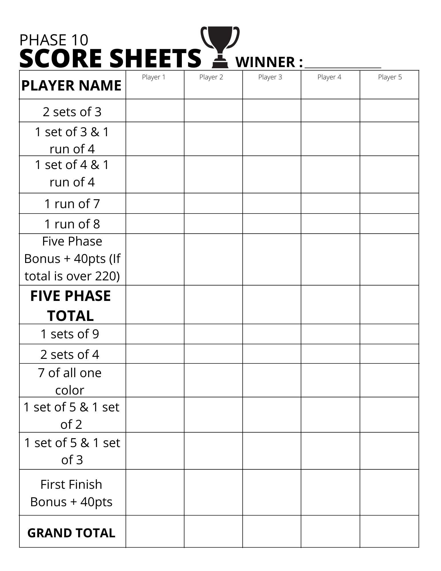 Phase 10 Anzeigetafel - Score Sheet - Printable Pdf with regard to Free Printable Phase 10 Score Sheet