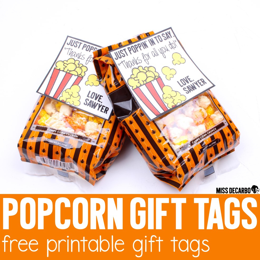 Popcorn Gift Tags - Miss Decarbo with Free Popcorn Printables