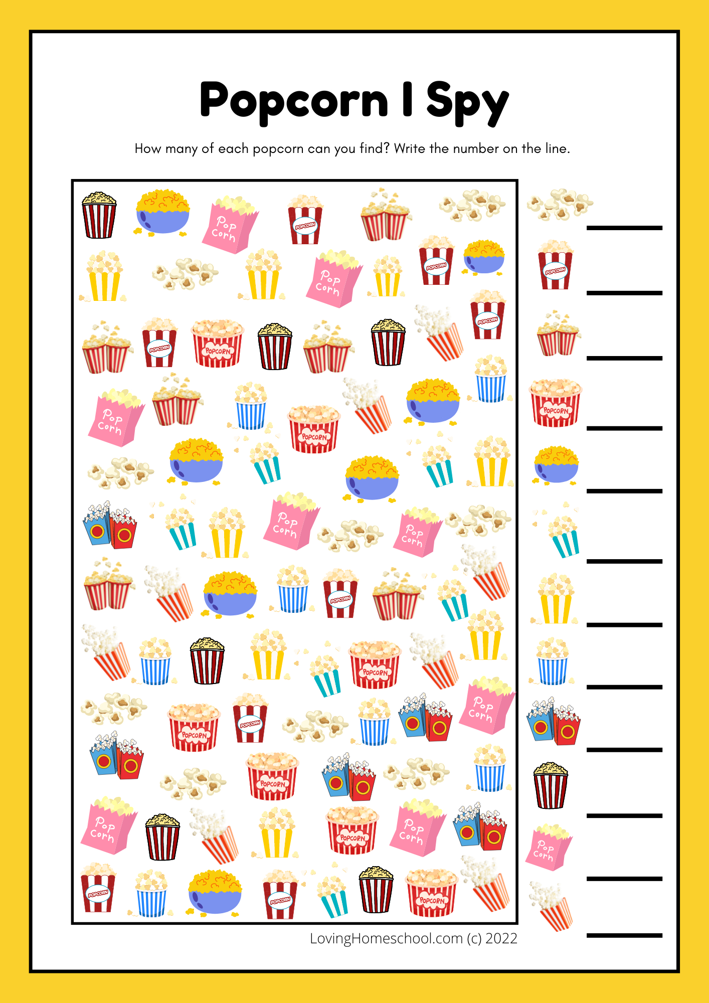 Popcorn I Spy Printable - Lovinghomeschool regarding Free Popcorn Printables