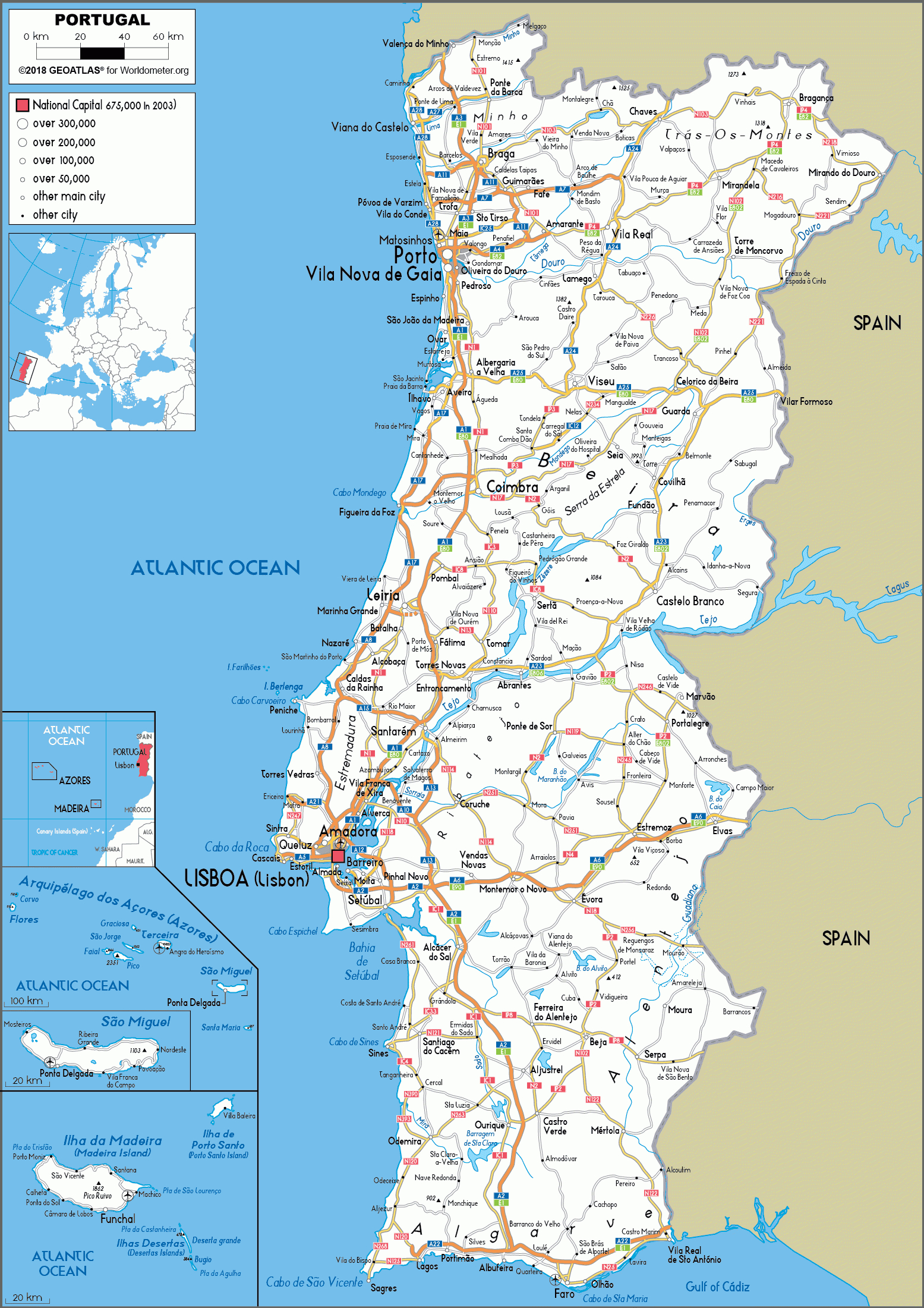 Portugal Map (Road) - Worldometer pertaining to Free Printable Map Of Portugal