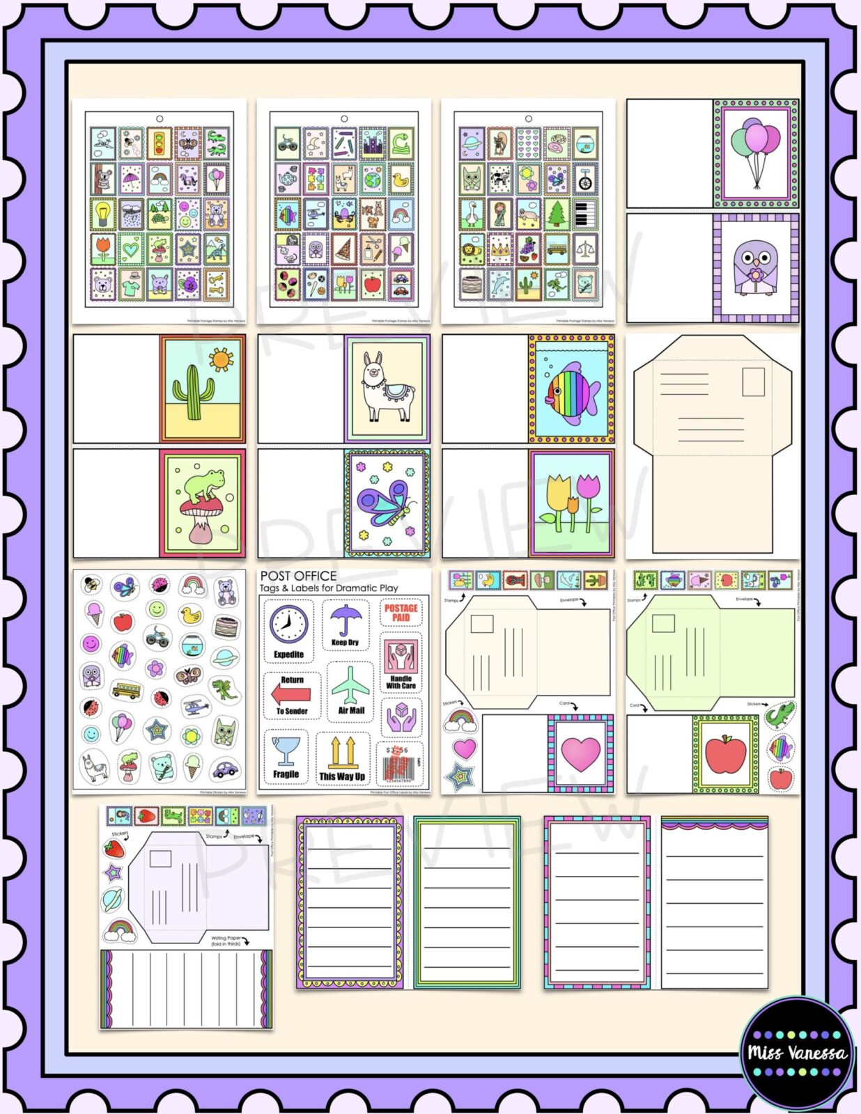 Post Office Printables With Postage Stamps Cards And Envelopes For for Free Printable Stamps For Role Play