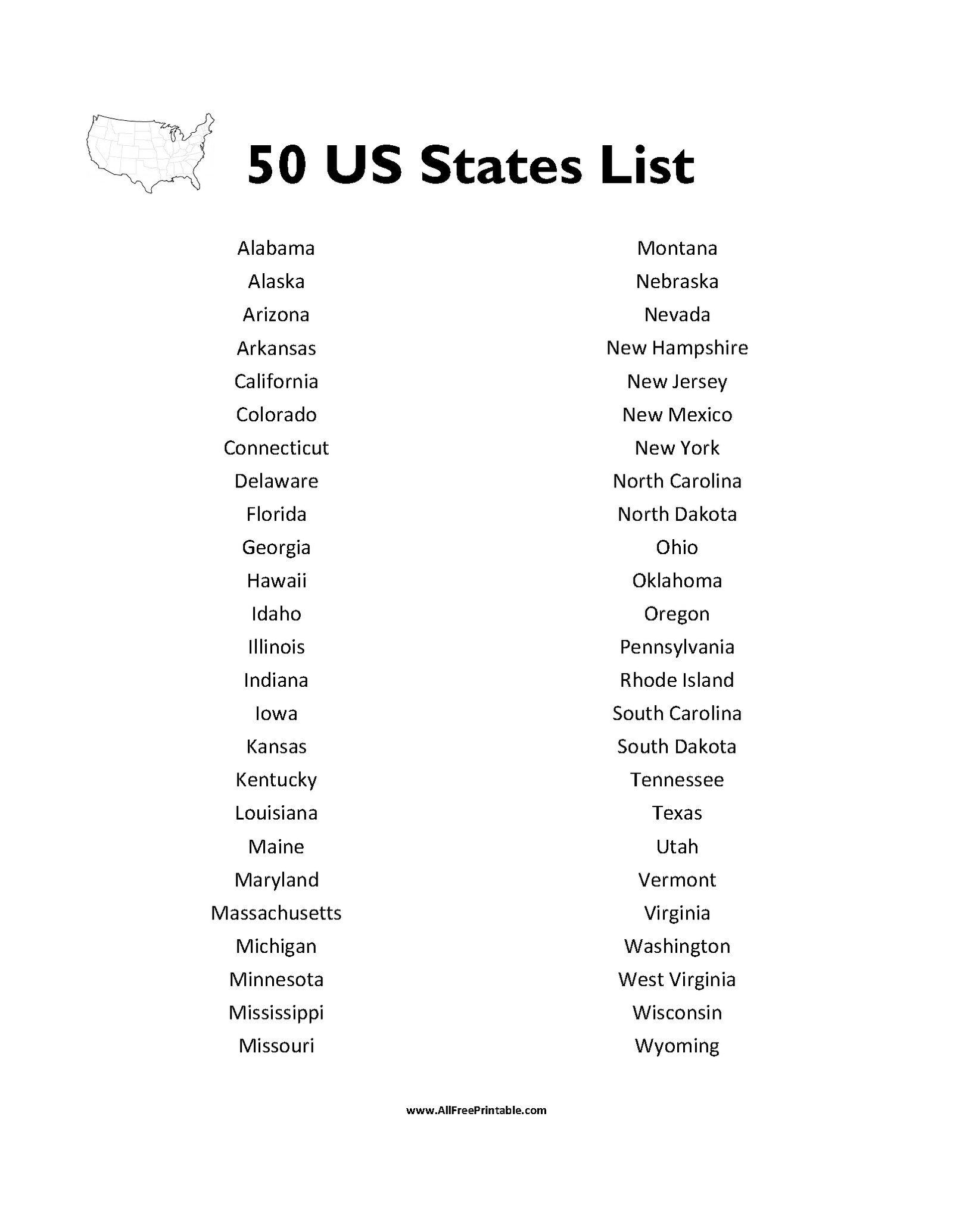 Print 50 States List – Free Printable for Free Printable List Of 50 States