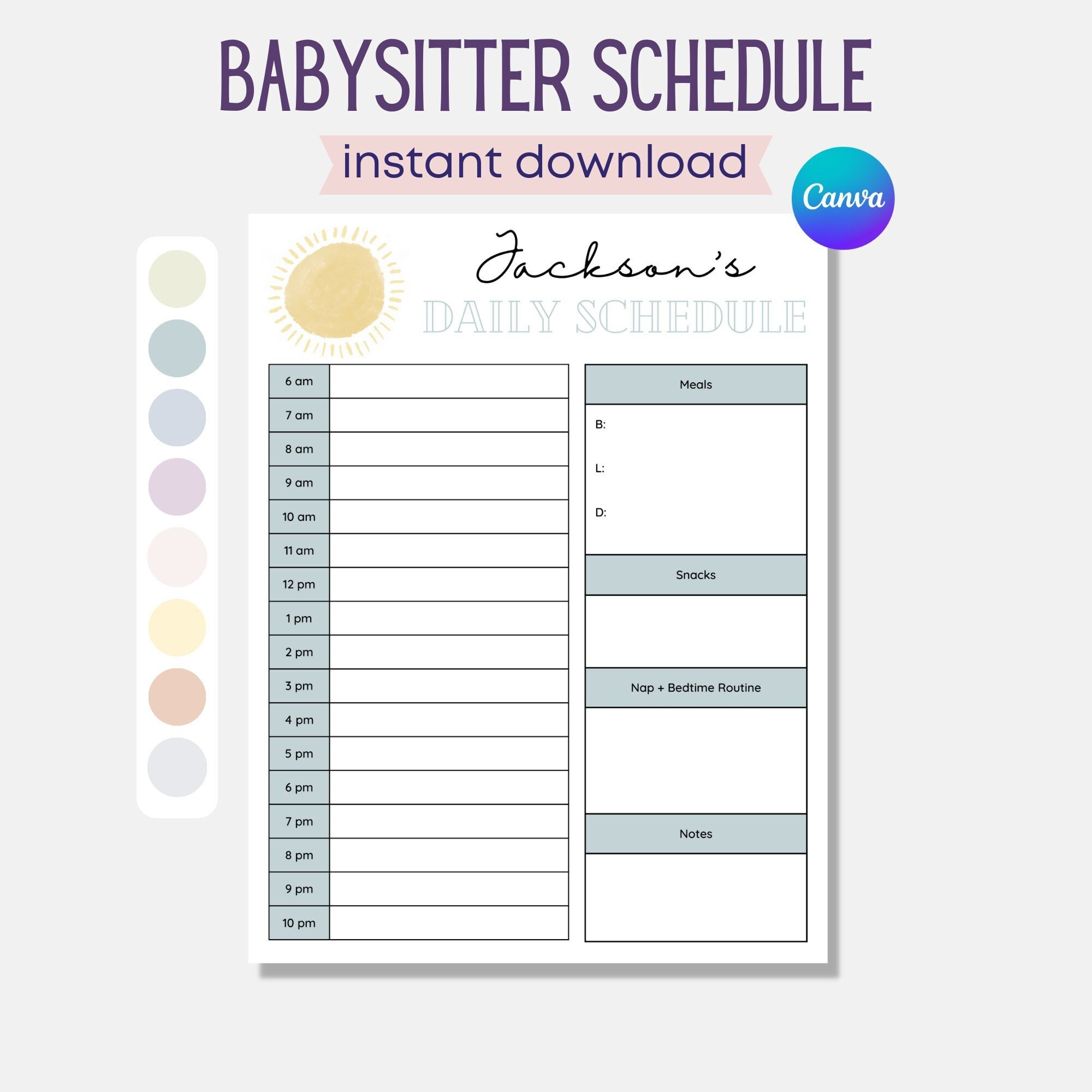 Printable Babysitter Schedule, Nanny Schedule, Infant Schedule inside Free Nanny Schedule Template