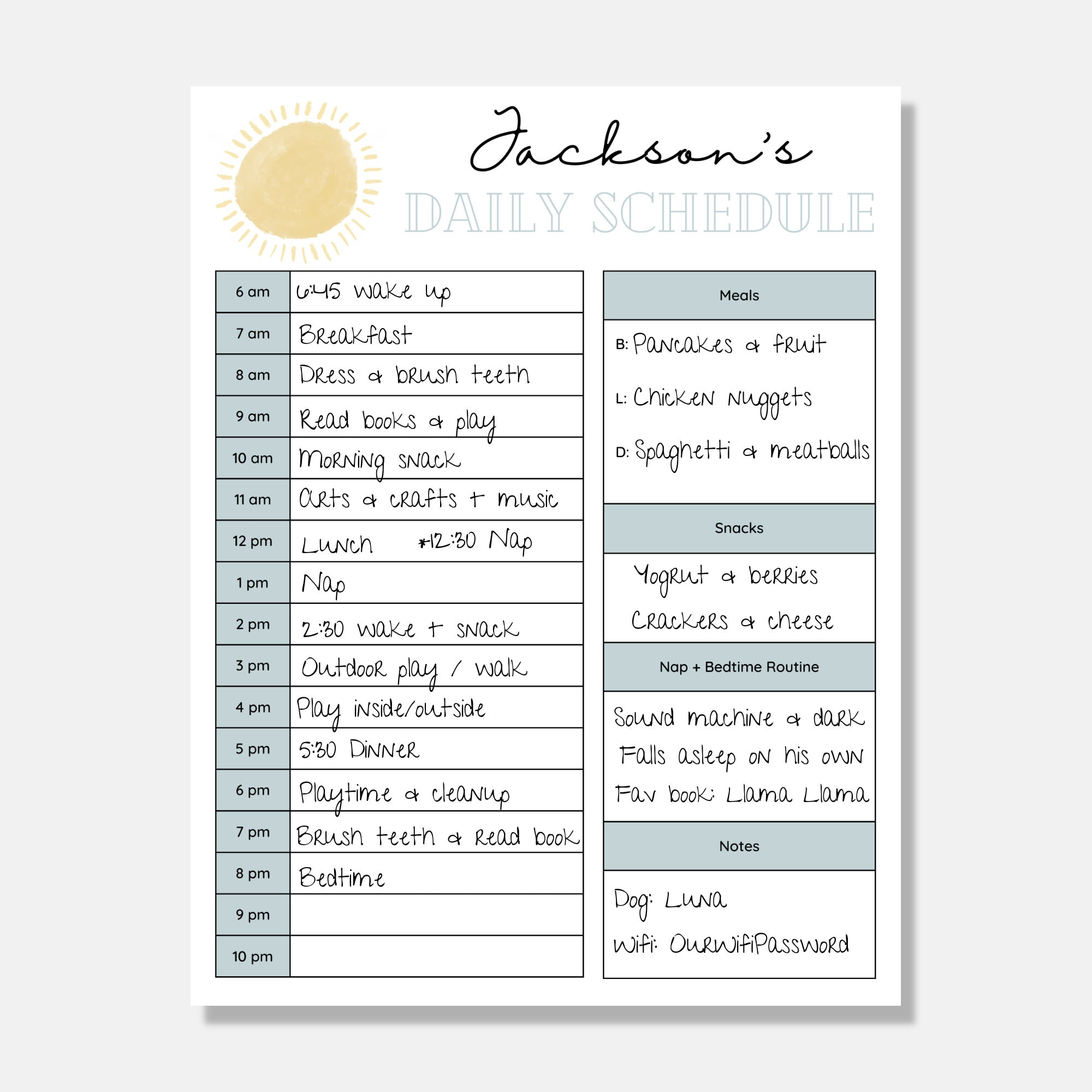 Printable Babysitter Schedule, Nanny Schedule, Infant Schedule intended for Free Nanny Schedule Template