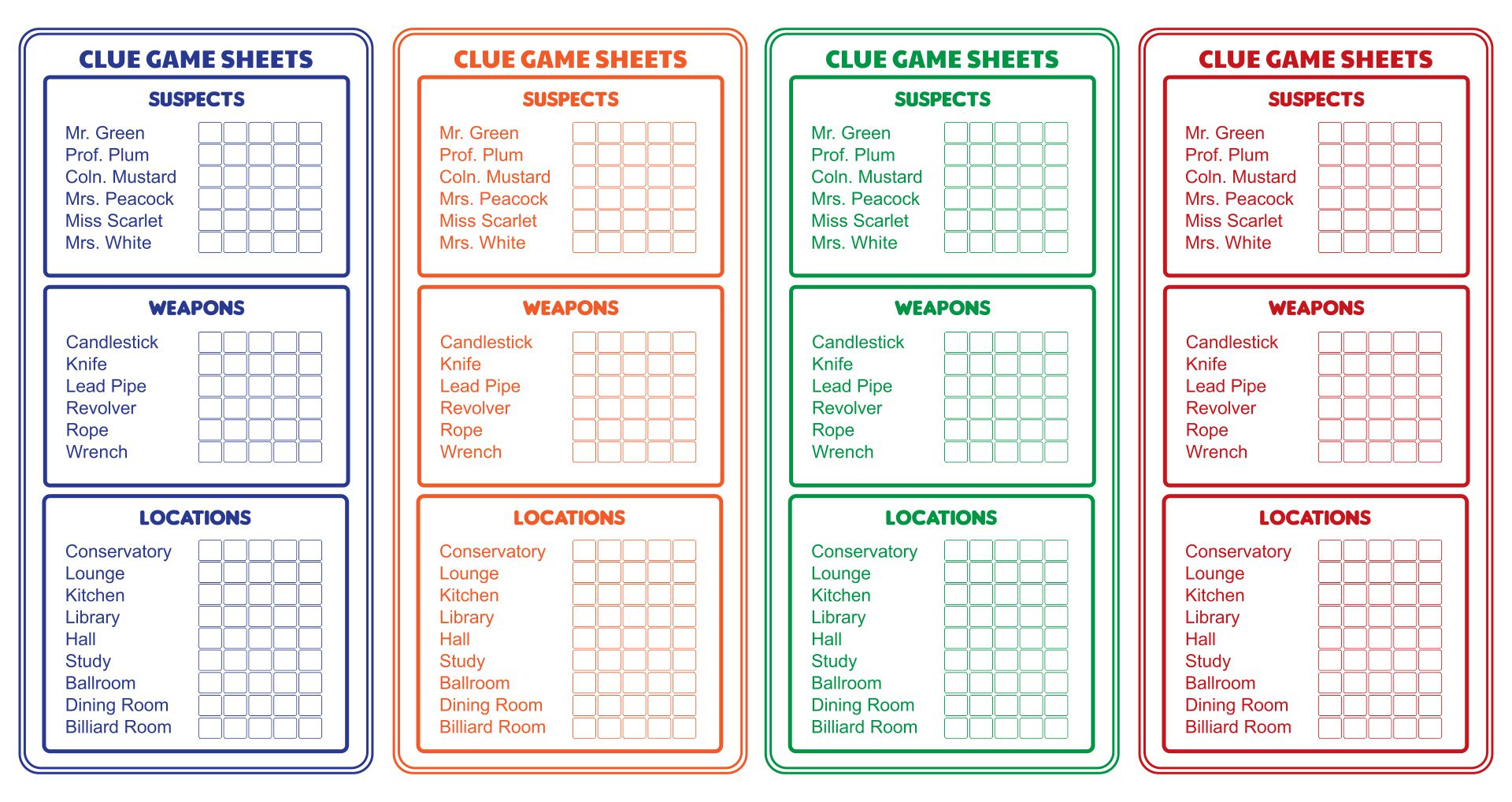 Printable Clue Game Sheets for Free Printable Cluedo Sheets
