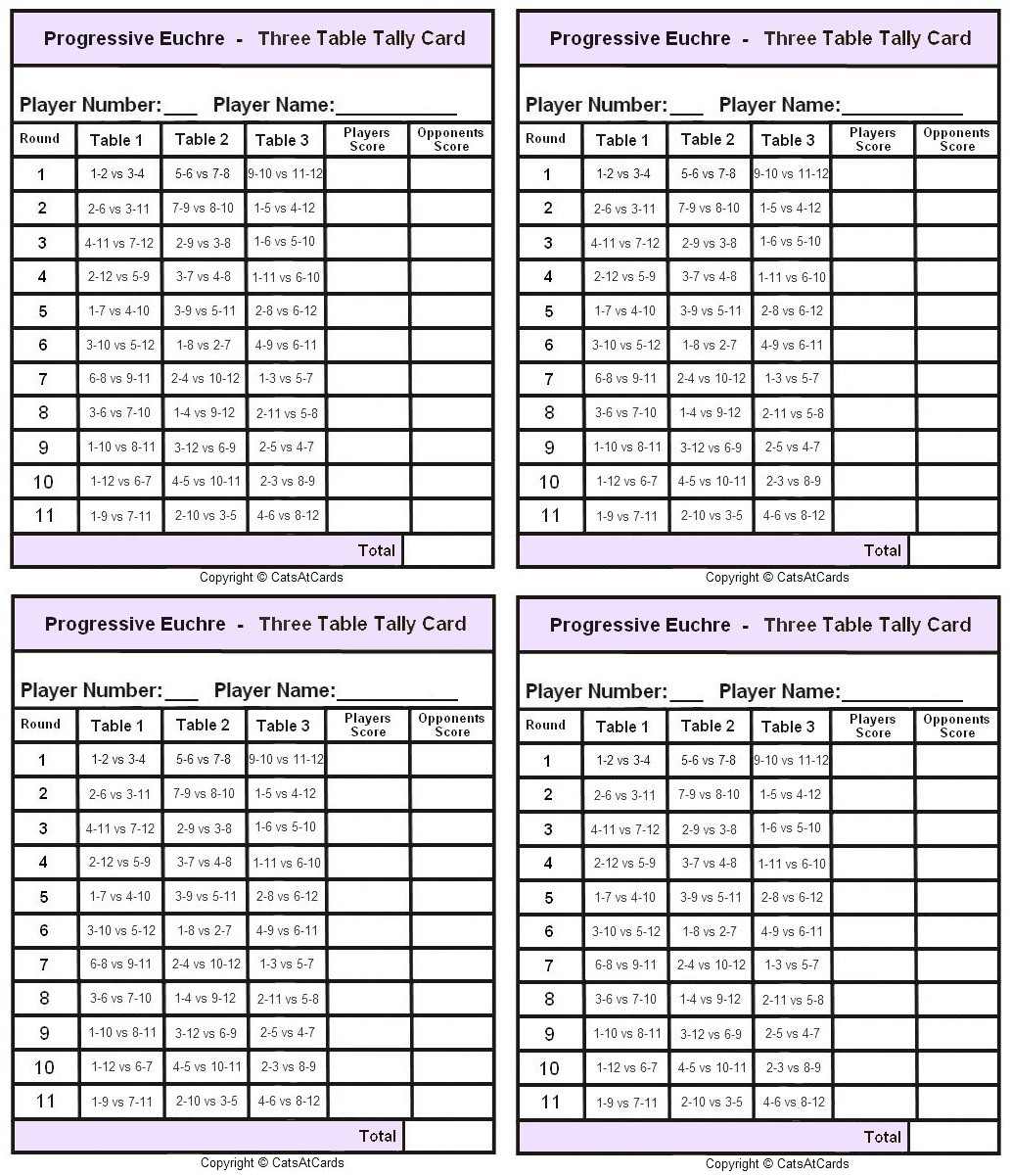 Progressive Euchre Three Table Tally Card - Print with Free Printable Progressive Euchre Score Cards