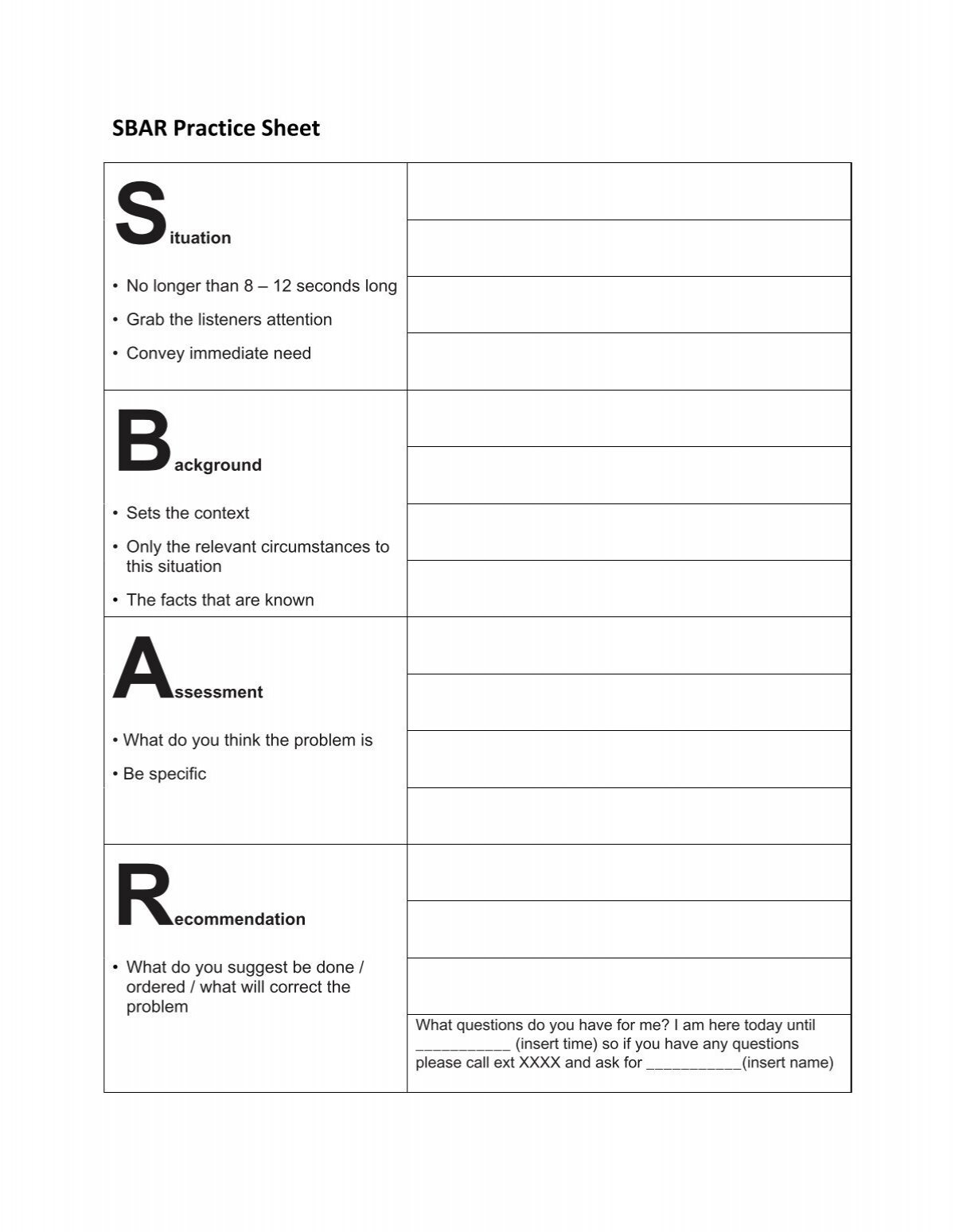 Sbar Practice Sheet regarding Free Printable Sbar Template