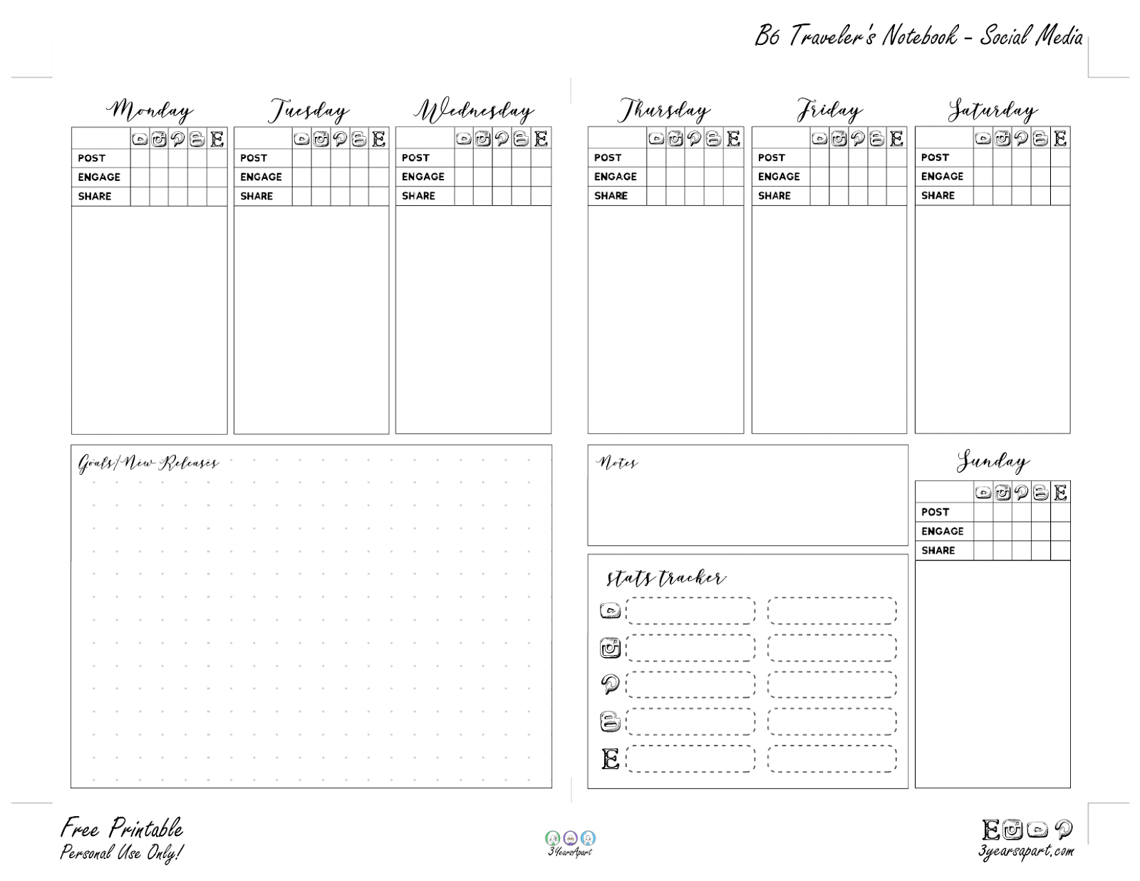 Social Media Planner Inserts | Free Printable For Traveler&amp;#039;S for Free B6 Printables