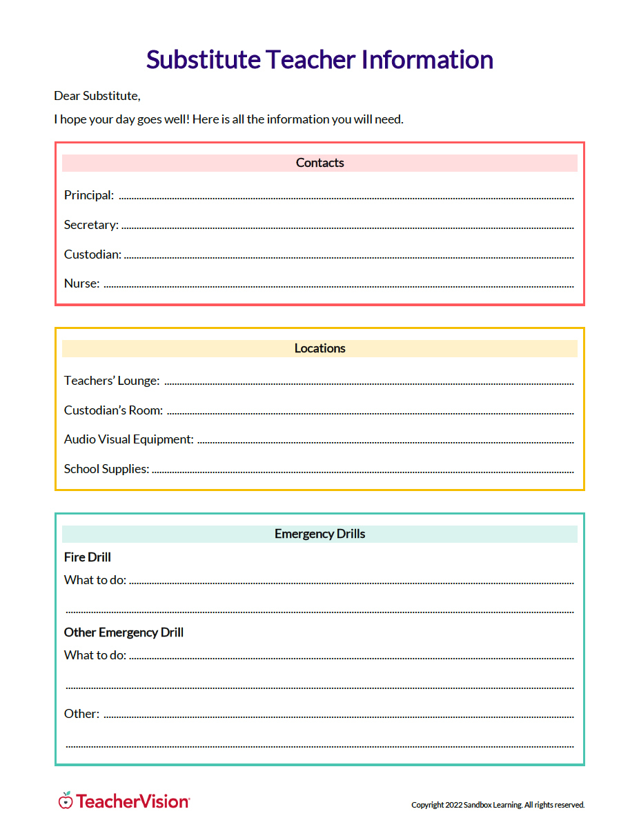 Substitute Teacher Plan Templates - Teachervision in Free Substitute Lesson Plan Template