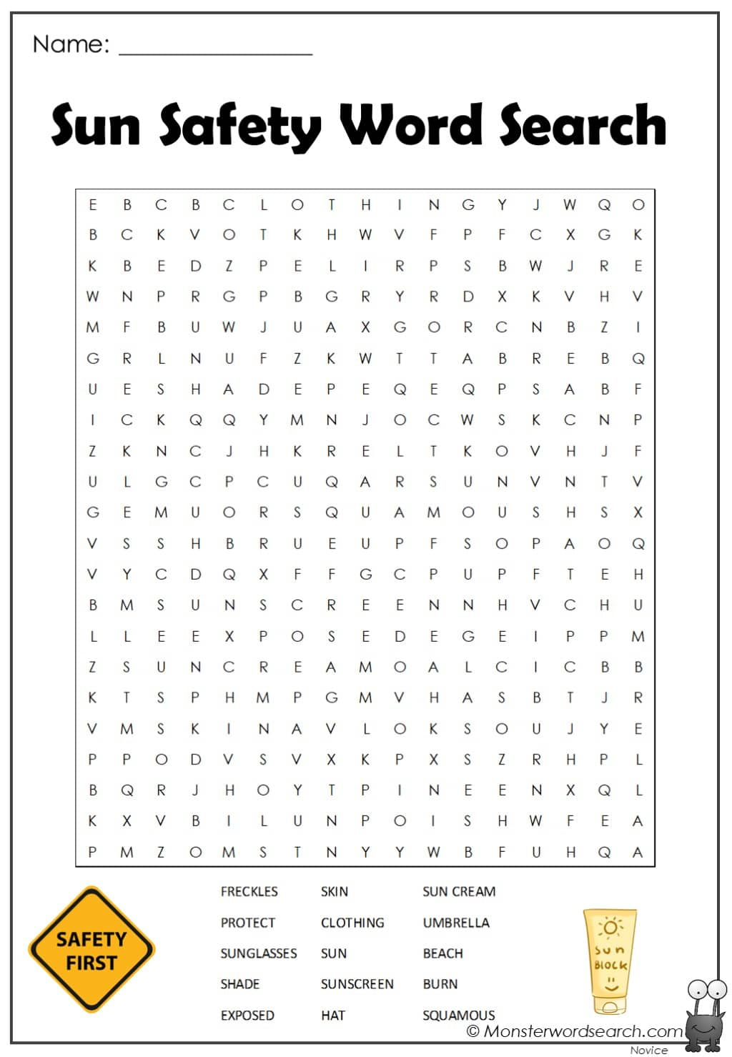 Sun Safety Word Search - Monster Word Search throughout Free Printable Summer Safety Worksheets