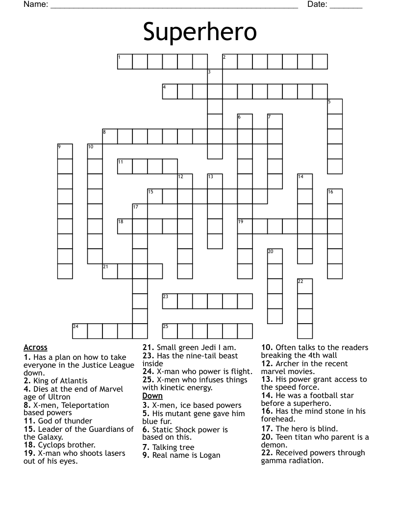 Superhero Crossword - Wordmint in Free Printable Superhero Crosswords