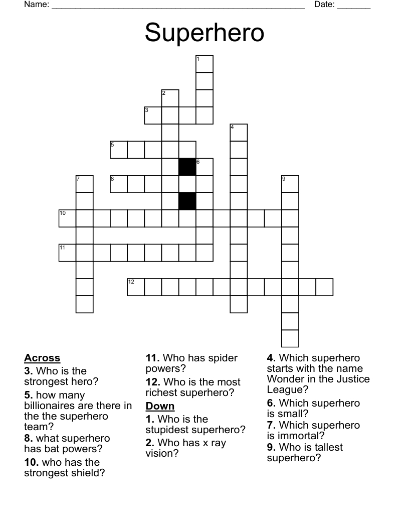 Superhero Crossword - Wordmint within Free Printable Superhero Crosswords
