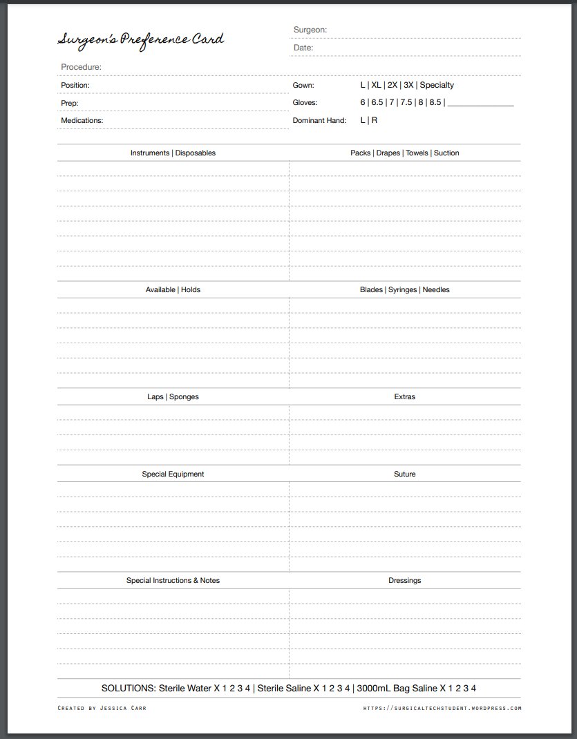 Surgeon&amp;#039;S Preference Card – The Surgical Tech Student inside Free Surgeon Preference Card Template