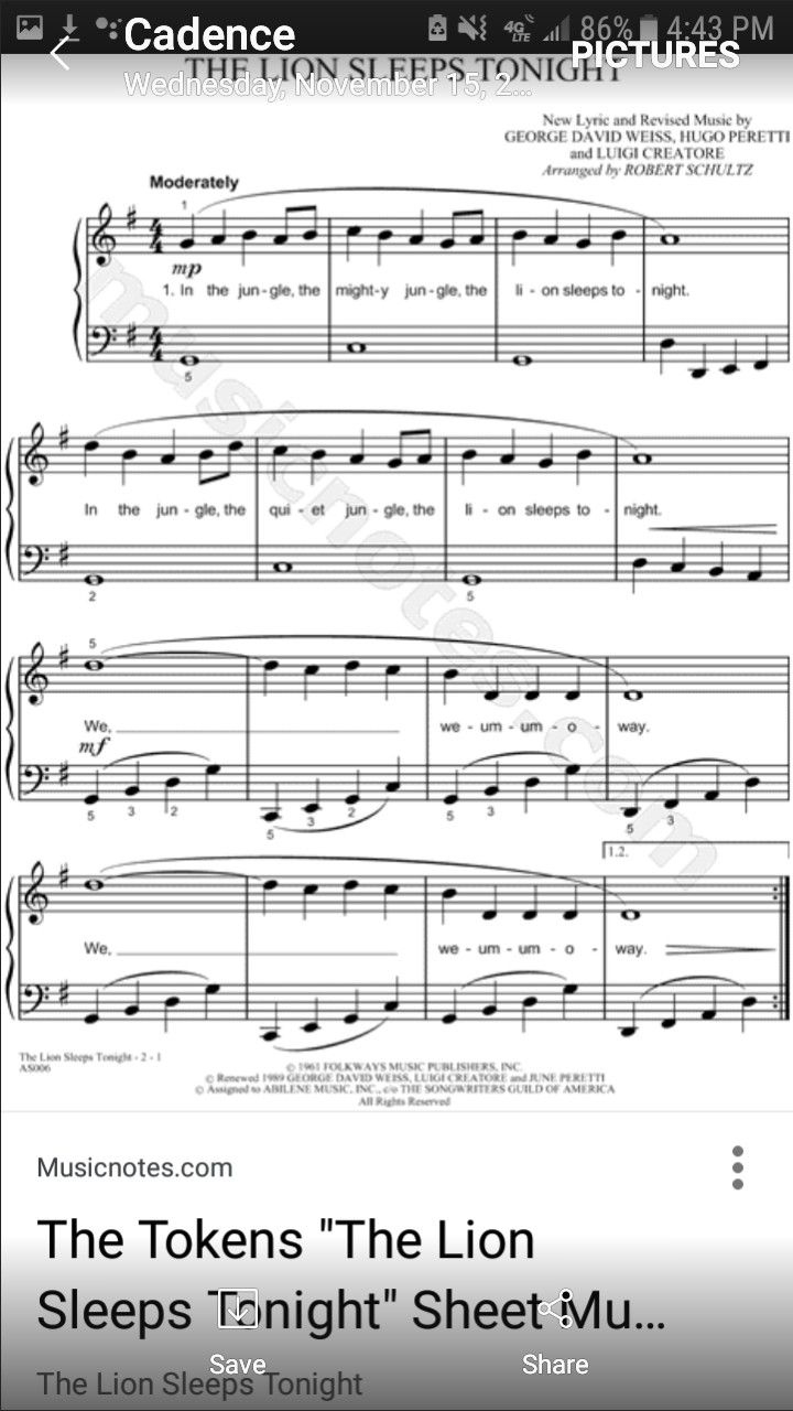 The Lion Sleeps Tonight (Lion King) with Free Printable Piano Sheet Music For The Lion Sleeps Tonight