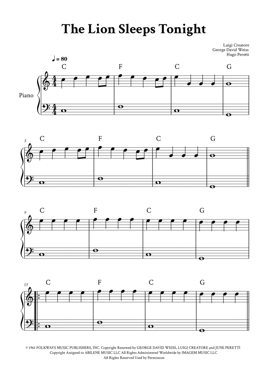 The Lion Sleeps Tonightthe Tokens - Easy Piano - Digital Sheet in Free Printable Piano Sheet Music For The Lion Sleeps Tonight