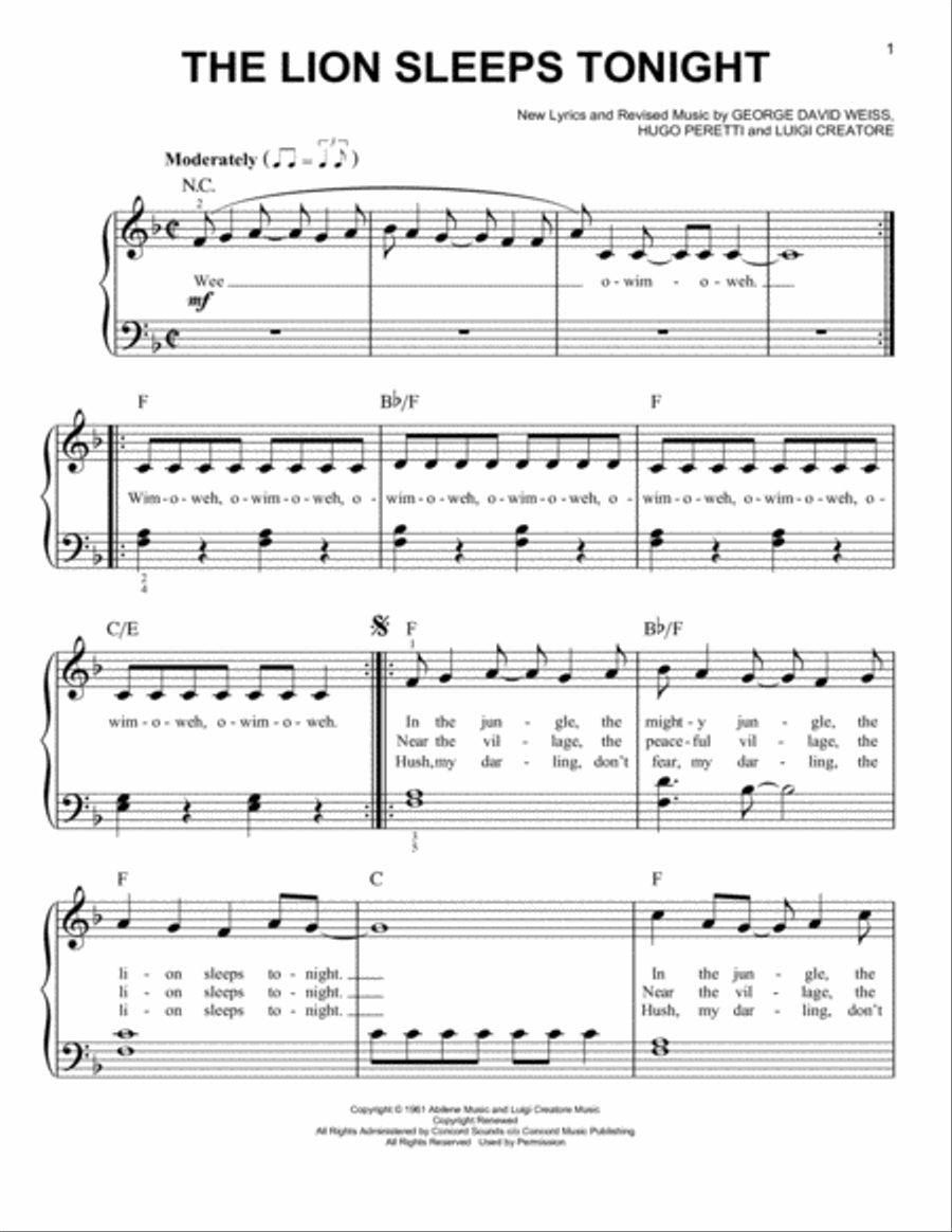 The Lion Sleeps Tonightthe Tokens - Easy Piano - Digital Sheet in Free Printable Piano Sheet Music For The Lion Sleeps Tonight