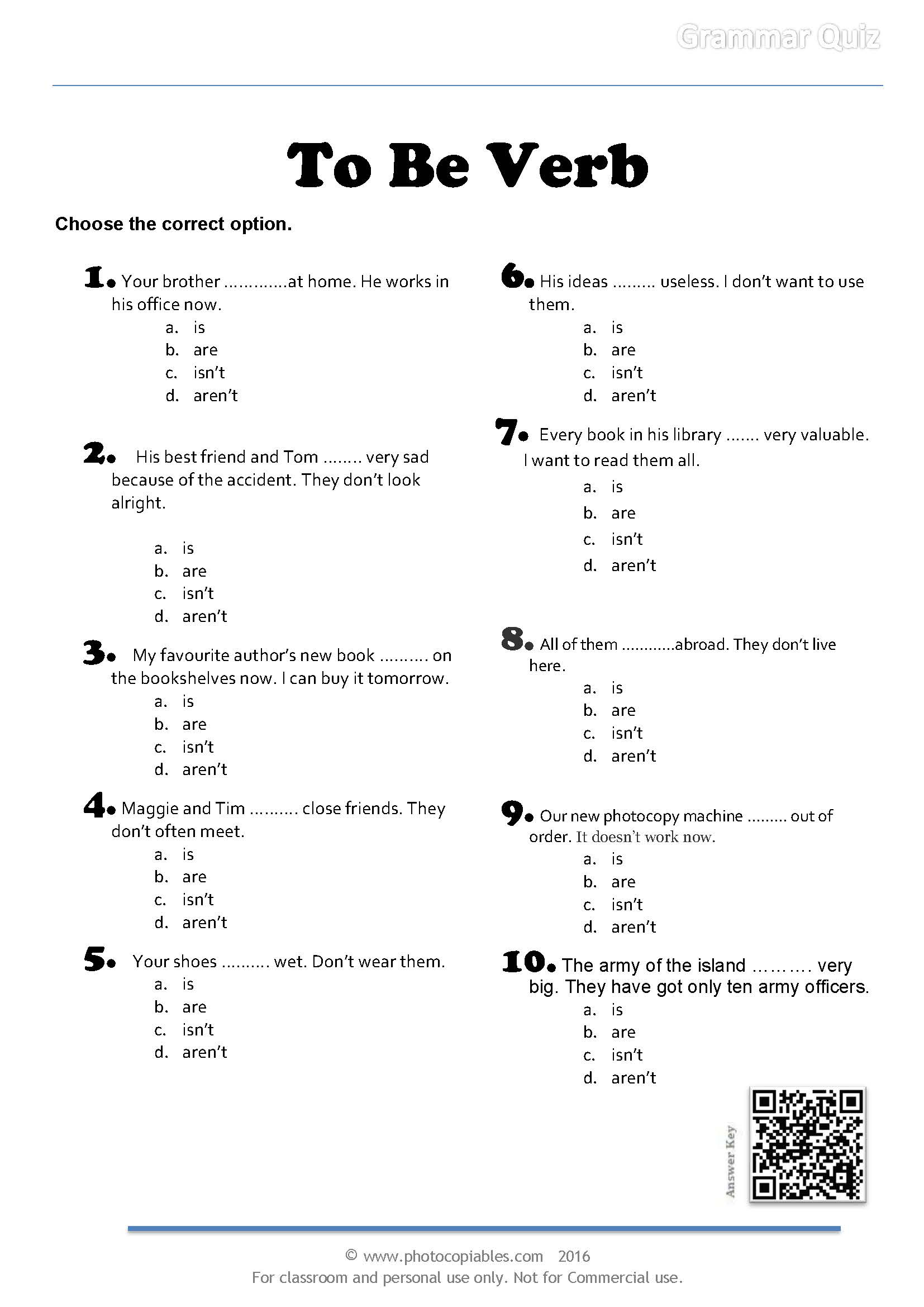 To Be Verb Grammar Quiz | Photocopiables with regard to Free Grammar Quizzes Printable
