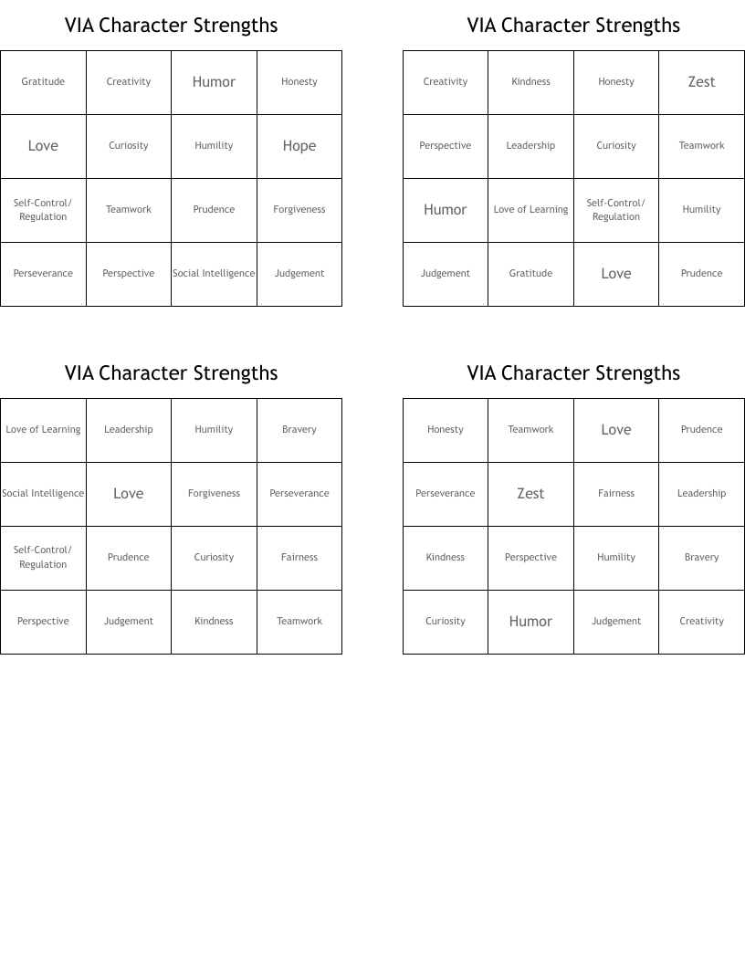 Via Character Strengths Bingo Cards - Wordmint pertaining to Free Character Strength Cards Printable