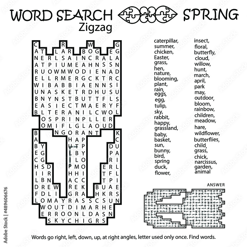 Zigzag Word Search Puzzle With Tulip. Spring. Words Go Right, Left for Free Printable Zigzag Word Search Puzzles