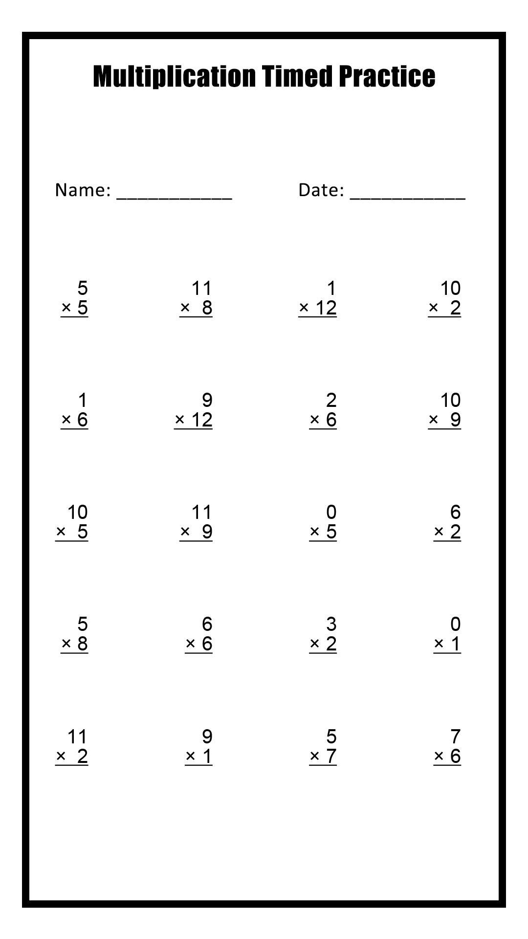 10 Printable Math Drills Multiplication, Timetable 0 To 12 with Multiplication Timed Test Printable 0 12 Free