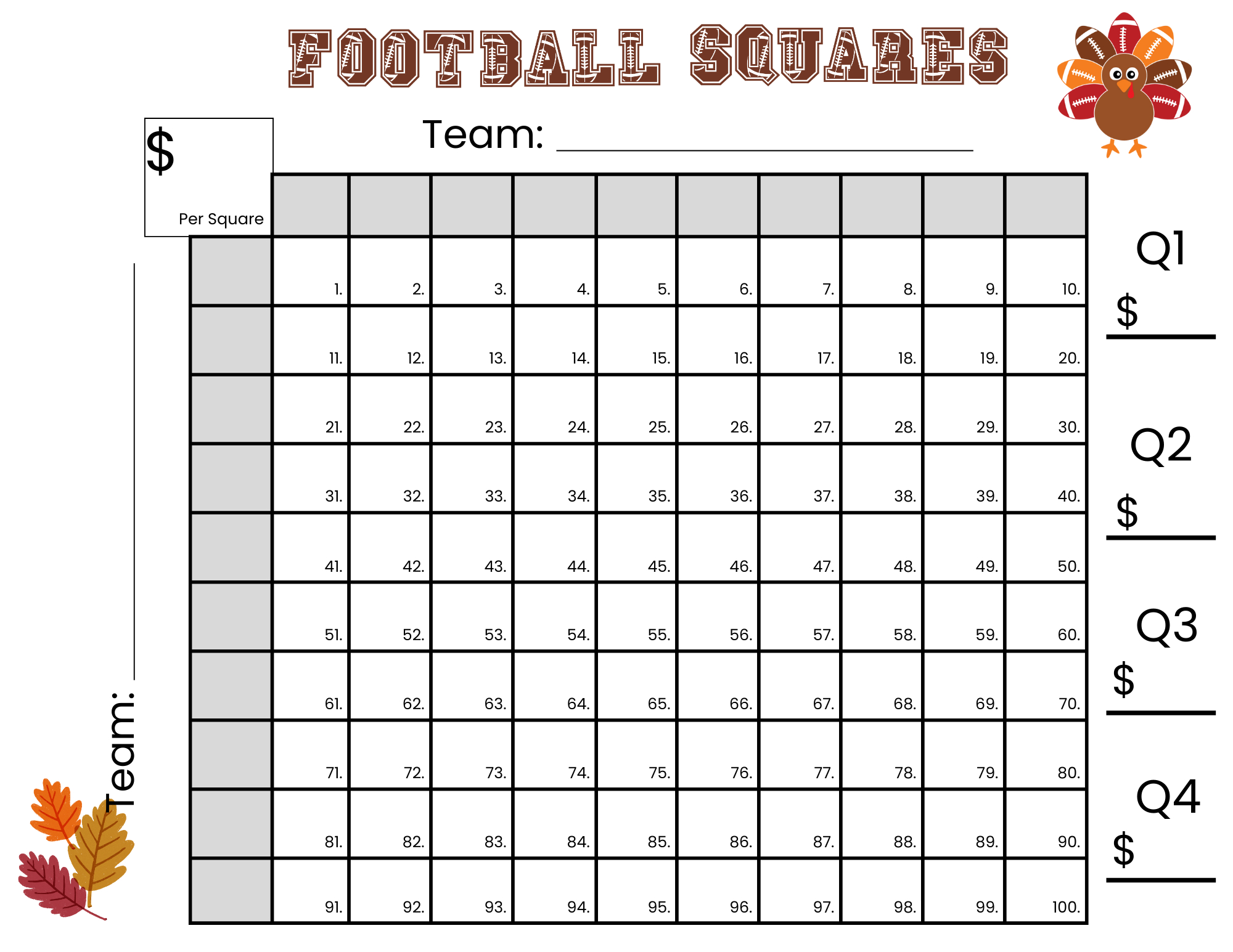 100 Thanksgiving Football Squares Game Printable within Blank Free Printable Football Squares 100