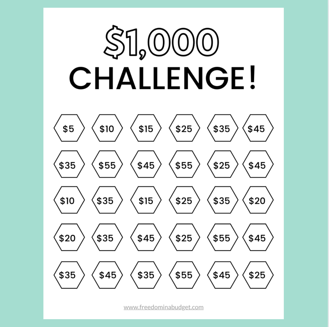 $1,000 Challenge Printable! throughout 1000 Savings Challenge Free Printable