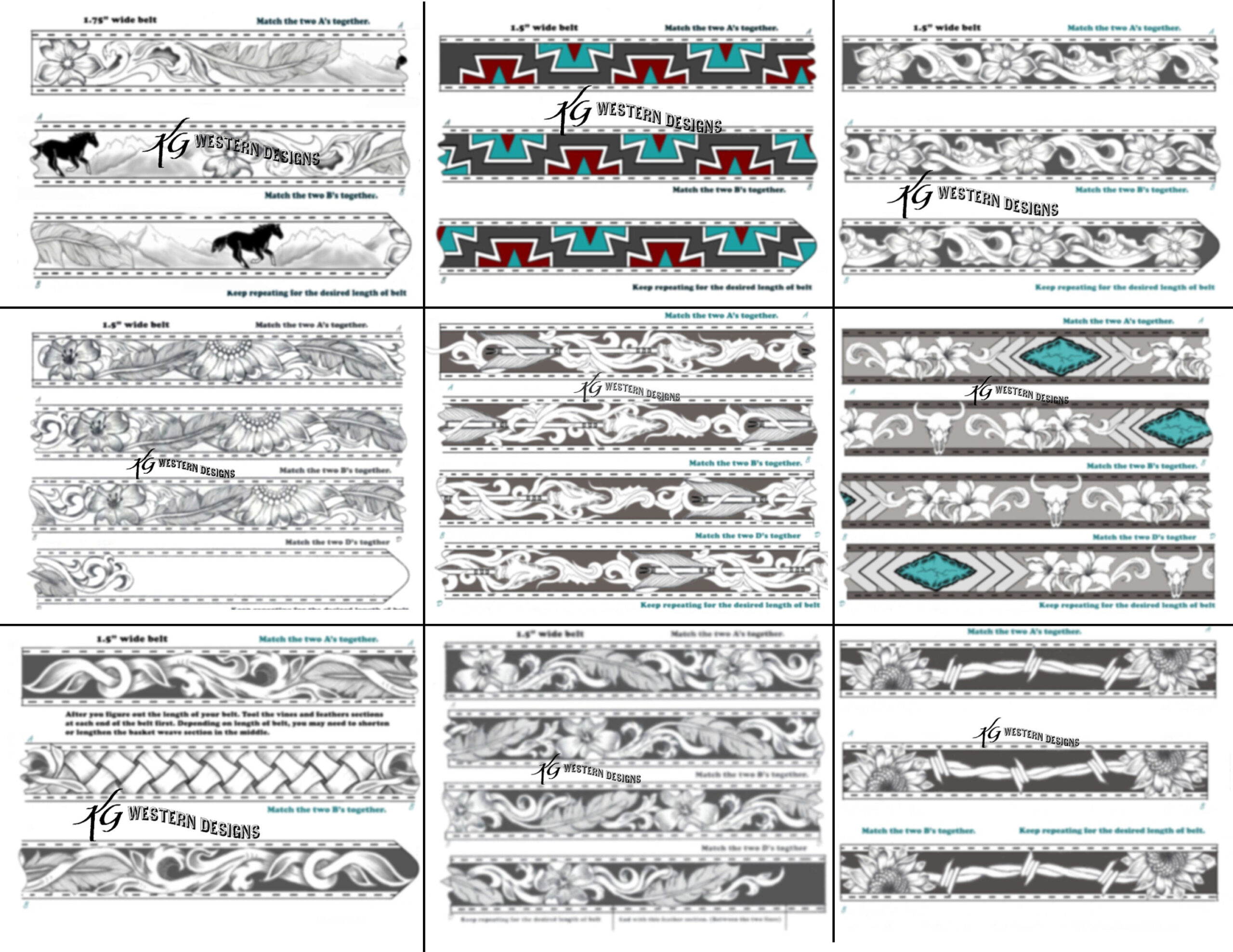 15 Pack Belt Patterns- Pdf- Western Tooling, Sunflowers, Feathers regarding Free Printable Leather Belt Tooling Patterns