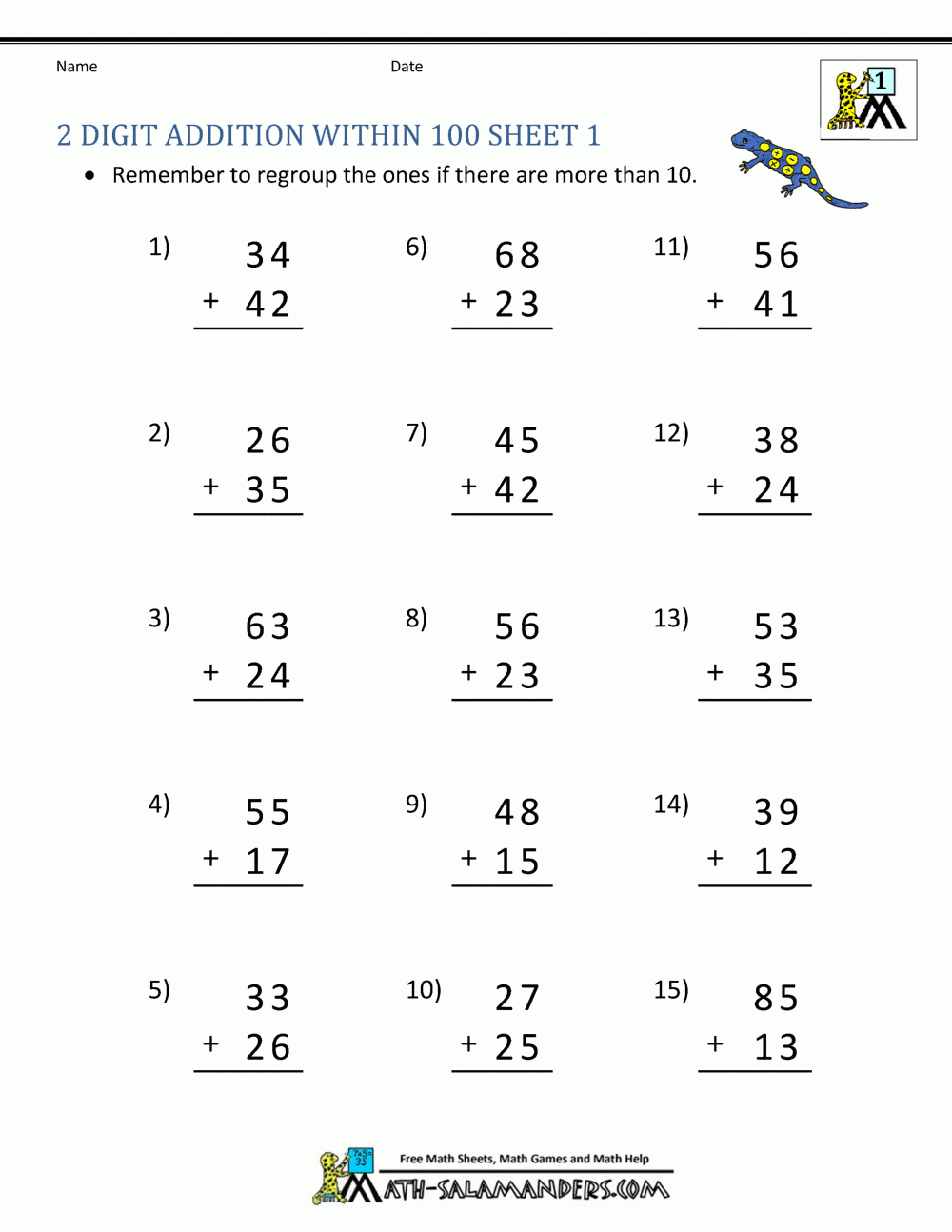 2 Digit Addition Worksheets regarding Column Addition Worksheet Printable