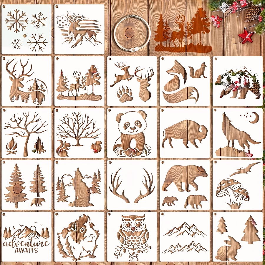 22Pcs Forest Wildlife Animal Stencils, Bear Wolf Deer Pine Tree Stencils Template Reusable Mountain Panda Winter Wood Burning Stencils For Painting On within Traceable Free Printable Wildlife Wood Burning Patterns
