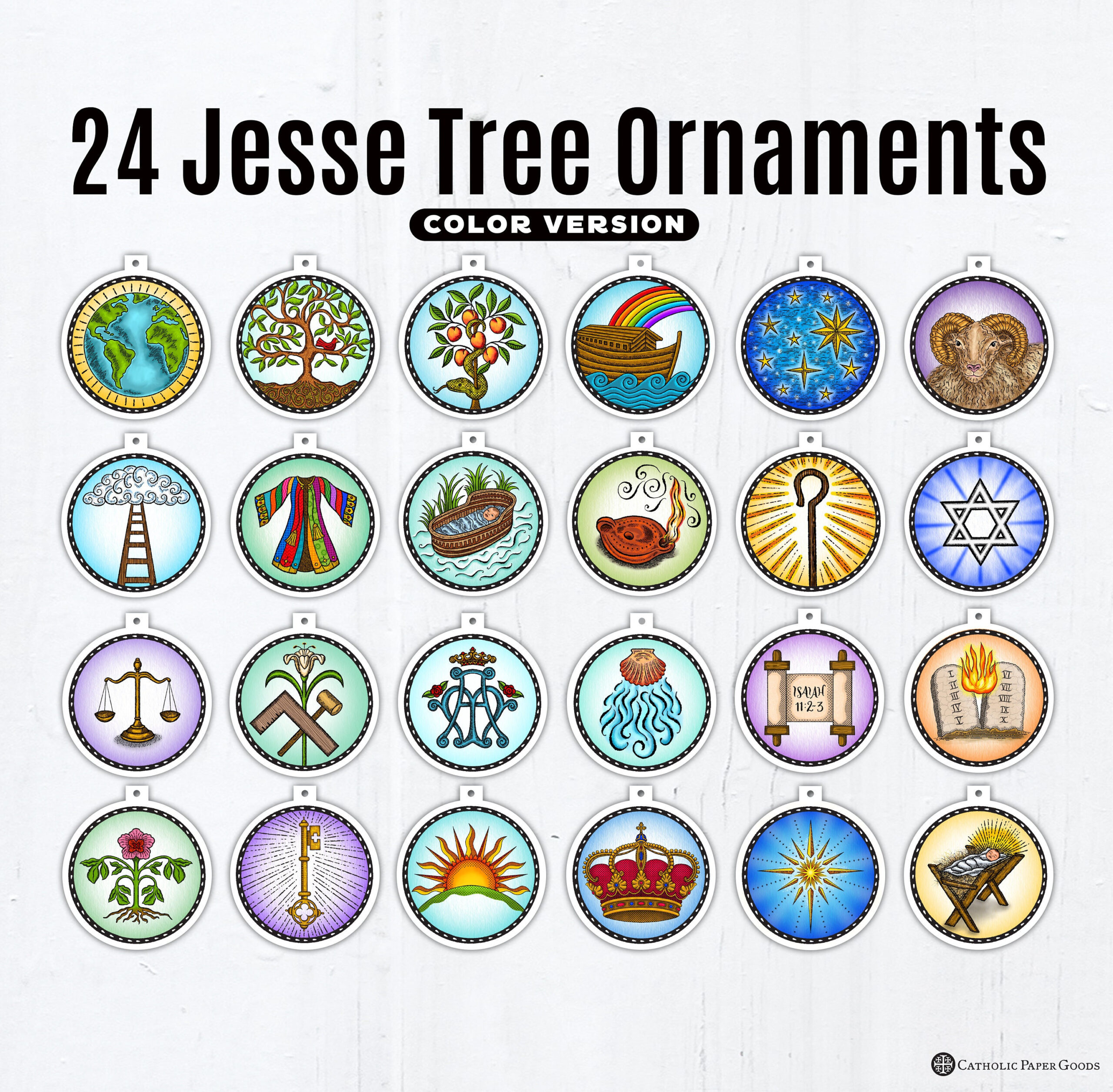24 Jesse Tree Printable Color Ornaments Pdf, Full Color Ornaments with Jesse Tree Free Printable Ornaments