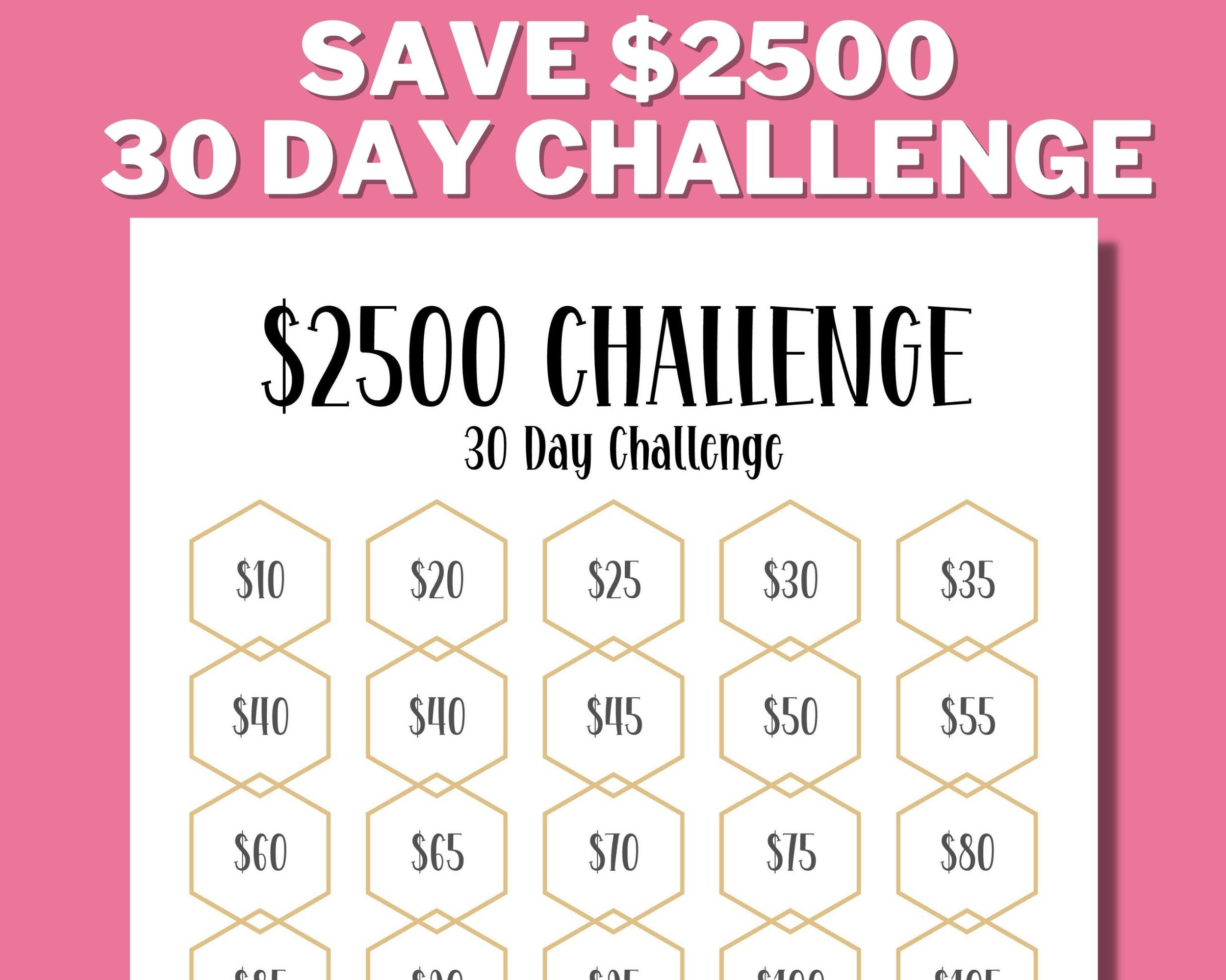 2500 30 Day Challenge Printable, 2500 Savings Challenge, Savings in 30 Day Money Saving Challenge Printable