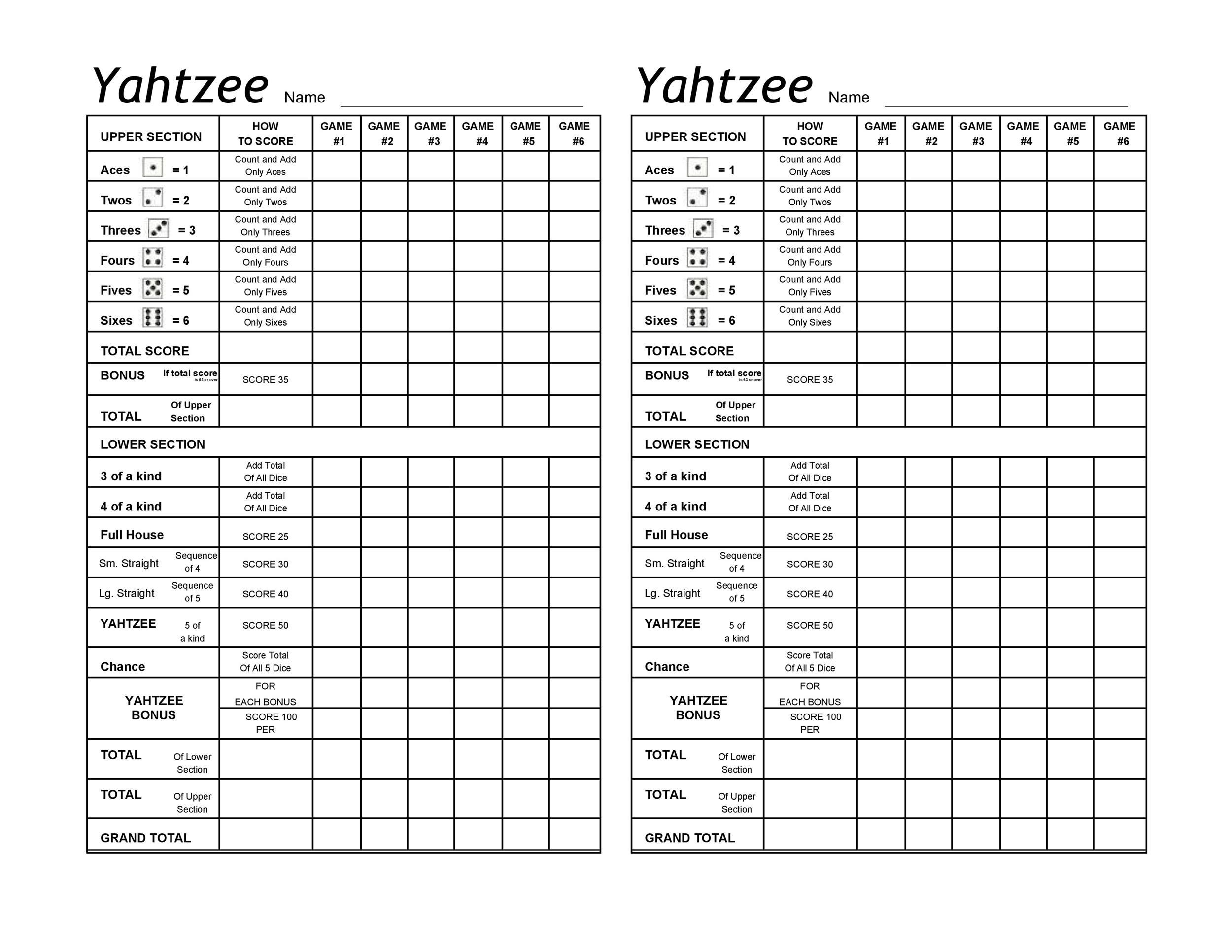 28 Printable Yahtzee Score Sheets &amp;amp; Cards (101% Free) ᐅ Templatelab in Free Printable Yahtzee Scorecards