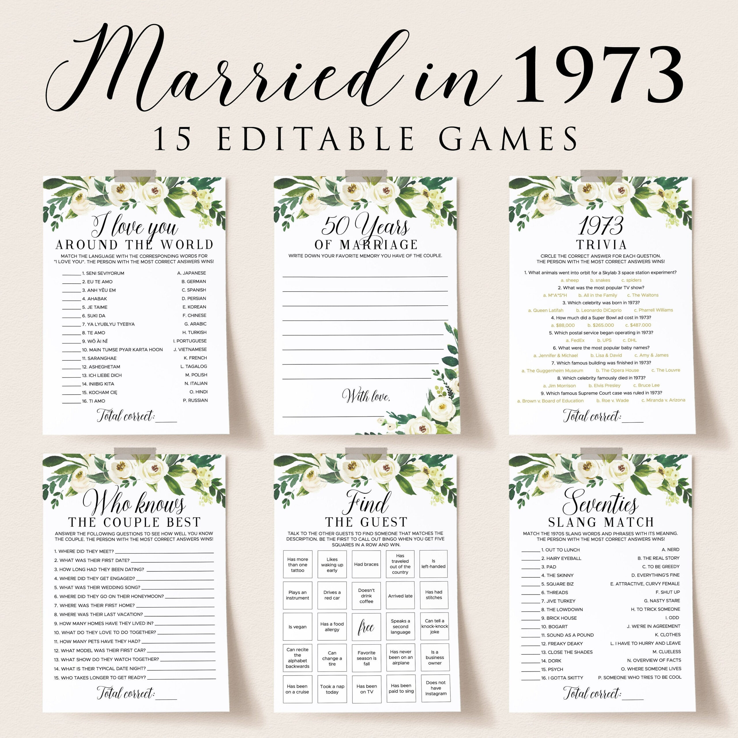52Nd Anniversary Party Games Printable Greenery Wedding within Anniversary Party Games Printable