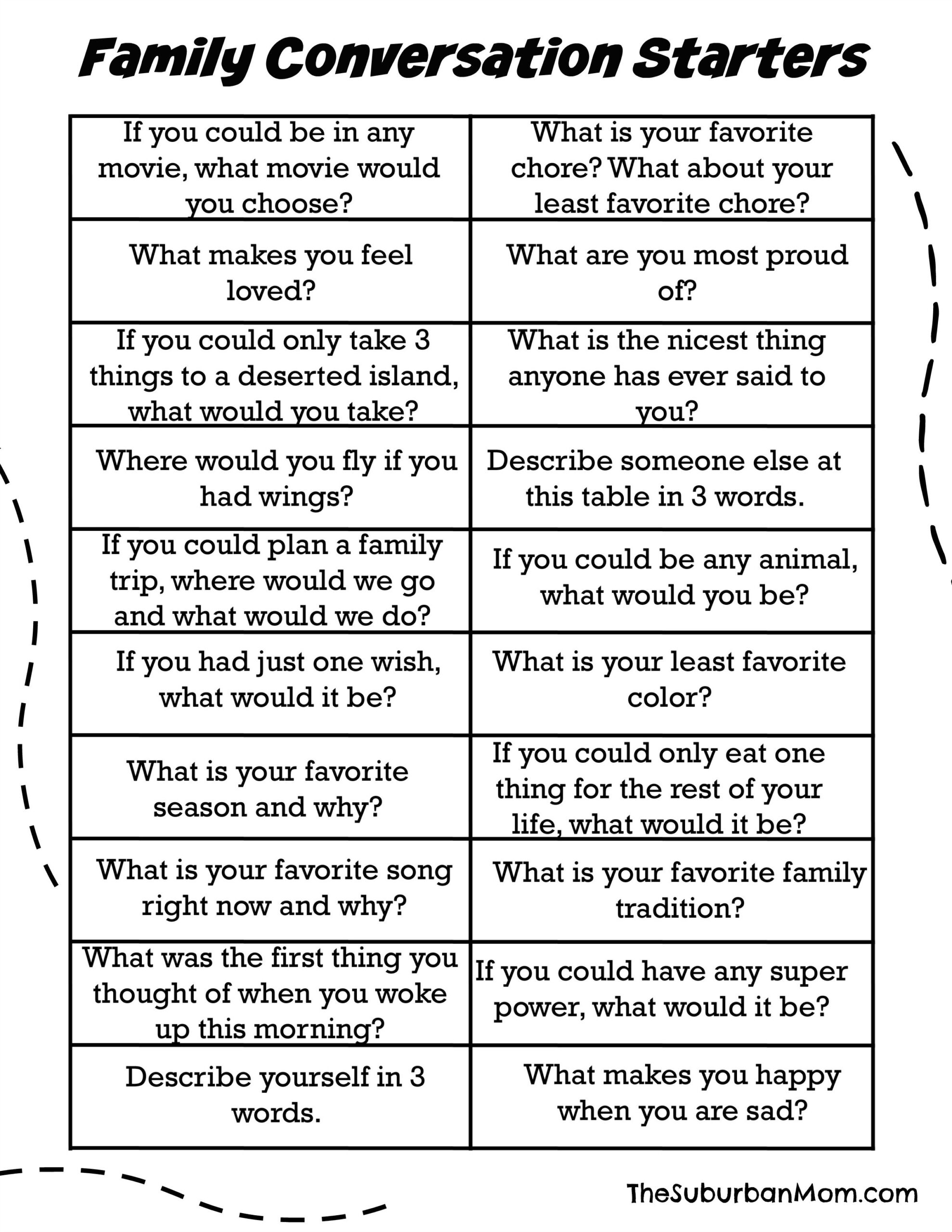 60 Family Conversation Starters (Free Printable) with Free Printable Conversation Cards