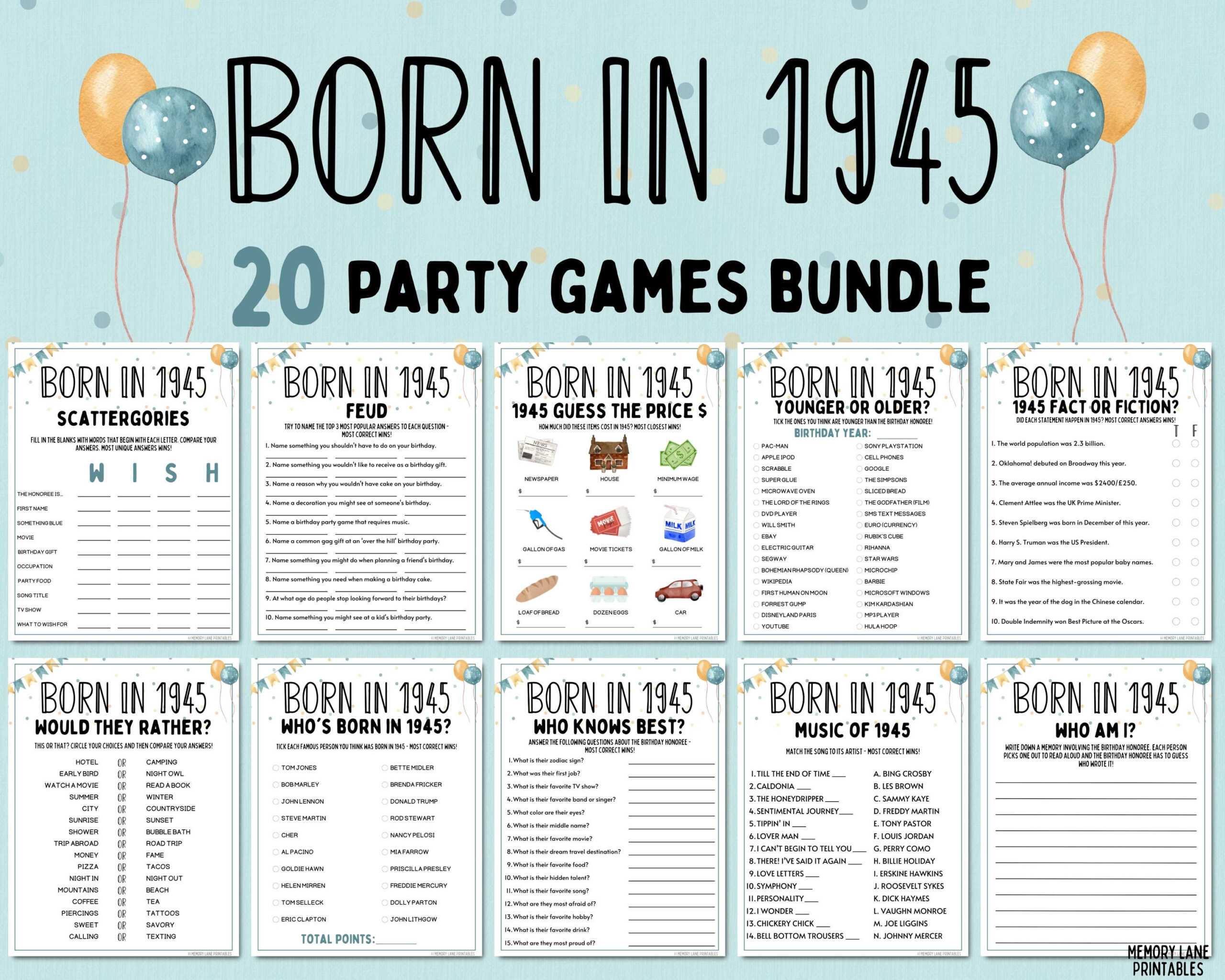 80Th Birthday Party Games Bundle | Born In 1945 Games | 80Th with regard to Free Printable Games For 80th Birthday Party
